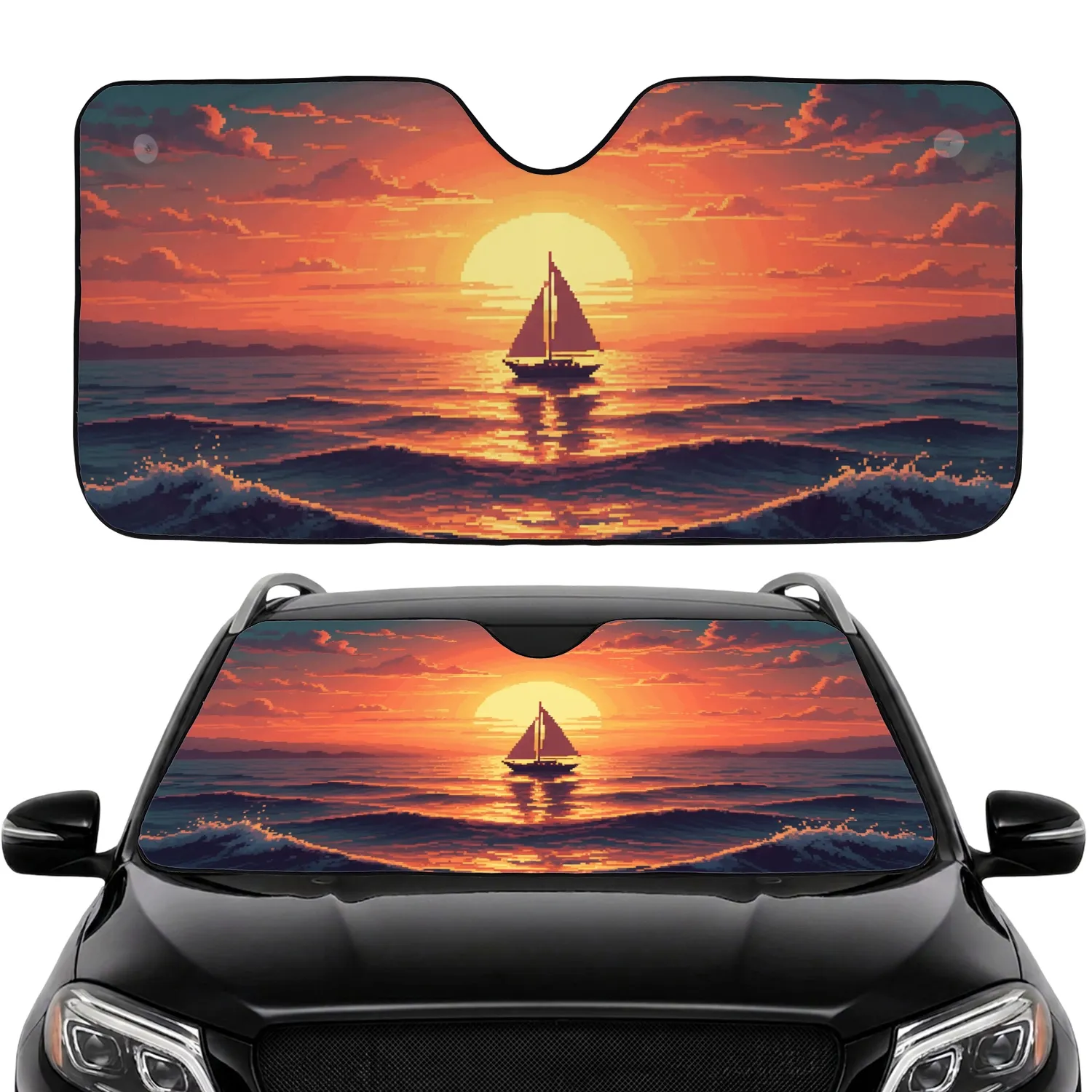 Silhouetted Sailboat Setting Sun Over Pixelated Ocean - Decor Gift for Ocean Lover Car Sunshade - 1
