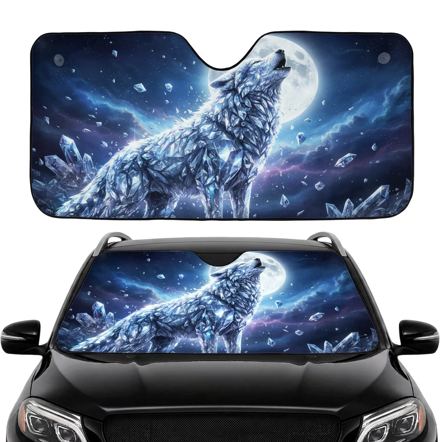 Iridescent Crystal Wolf Howling Cosmic Full Moon - Wildlife Lover Gift Car Sunshade - 1