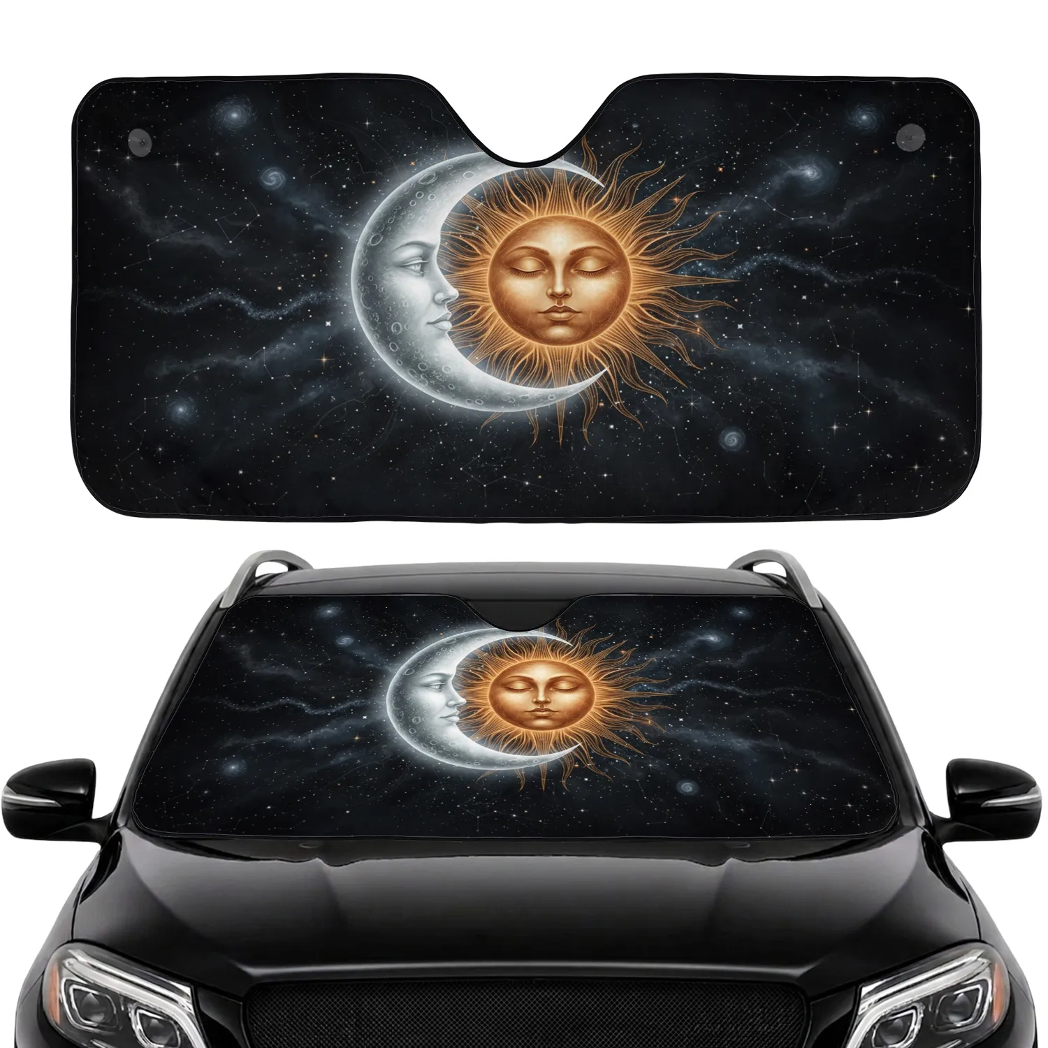 Crescent Moon Craters Sun Face Cosmic Dust Constellations - Celestial Decor Gift Car Sunshade - 1
