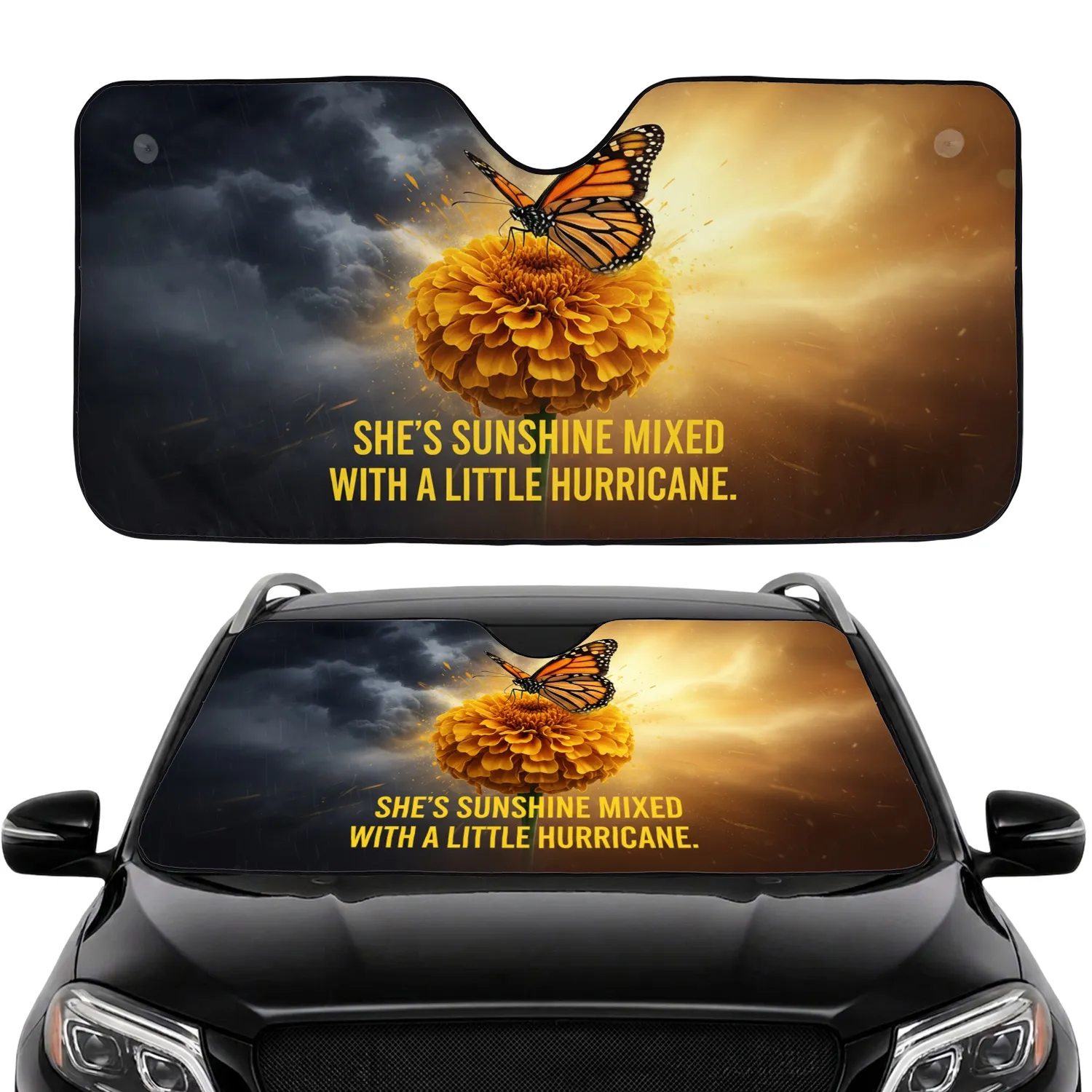 Monarch Butterfly Marigold Sunshine Hurricane - Nature Lover Gift for Her Car Sunshade - 1