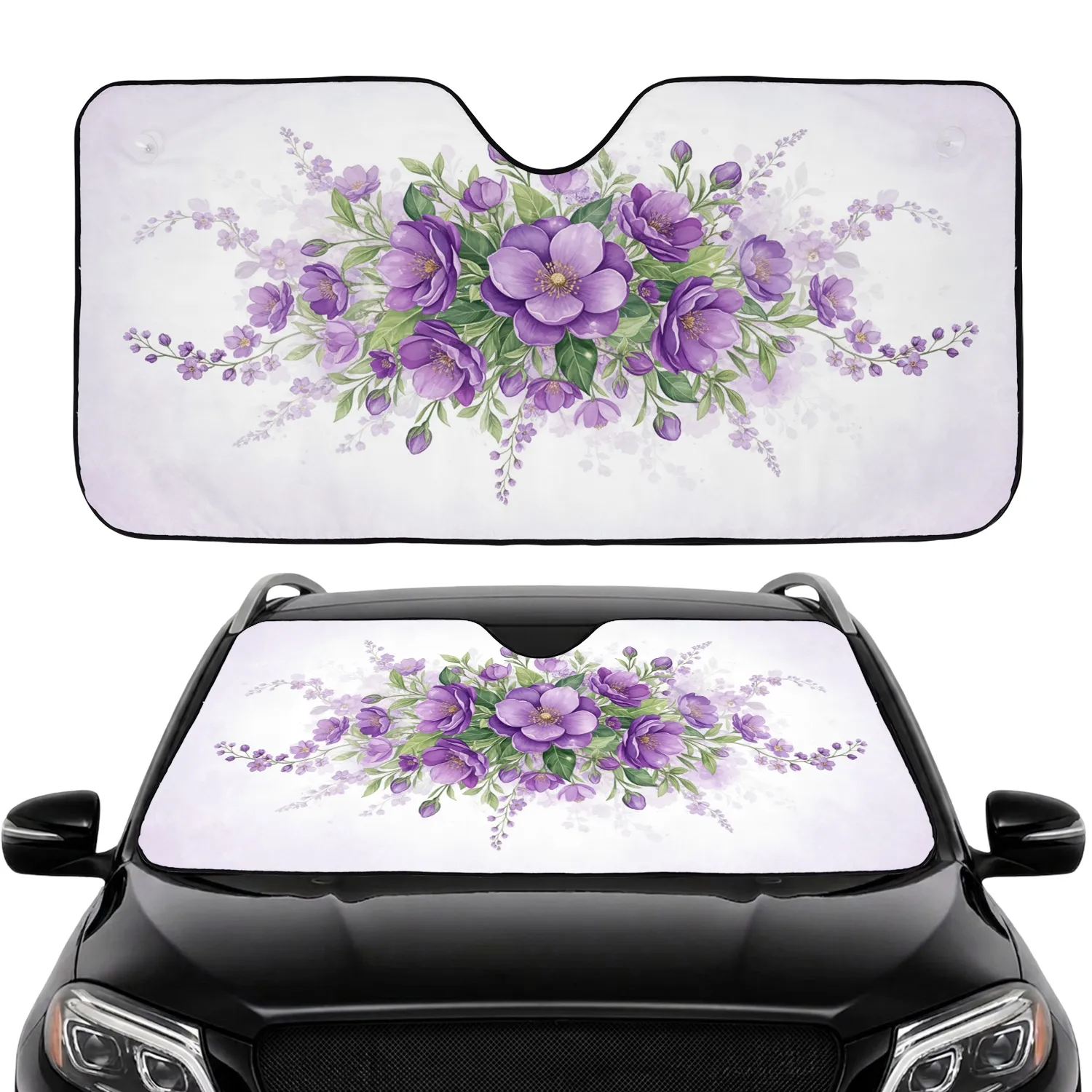 Blossoming Buds Purple Lavender Flowers Golden Center Foliage Car Sunshade - 1