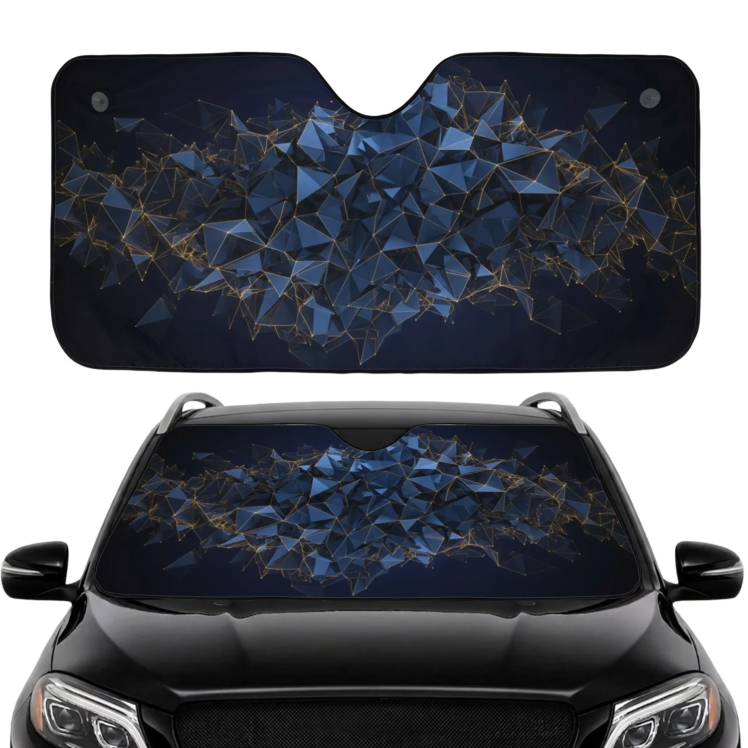 Dark Metallic Blue Triangular Polygonal Facets Golden Glowing Lines Car Sunshade - 1