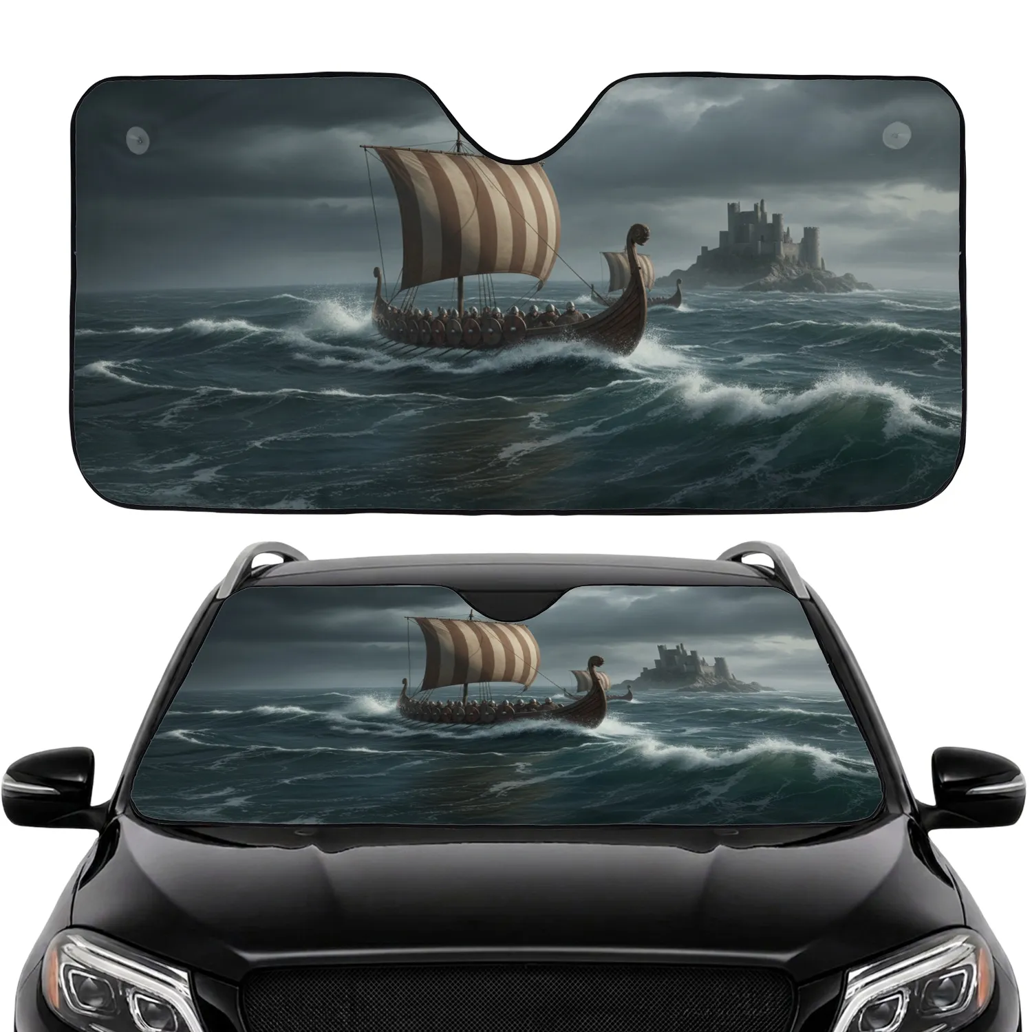 Viking Warship Warriors Medieval Castle Stormy Sea - History Lover Gift Car Sunshade - 1