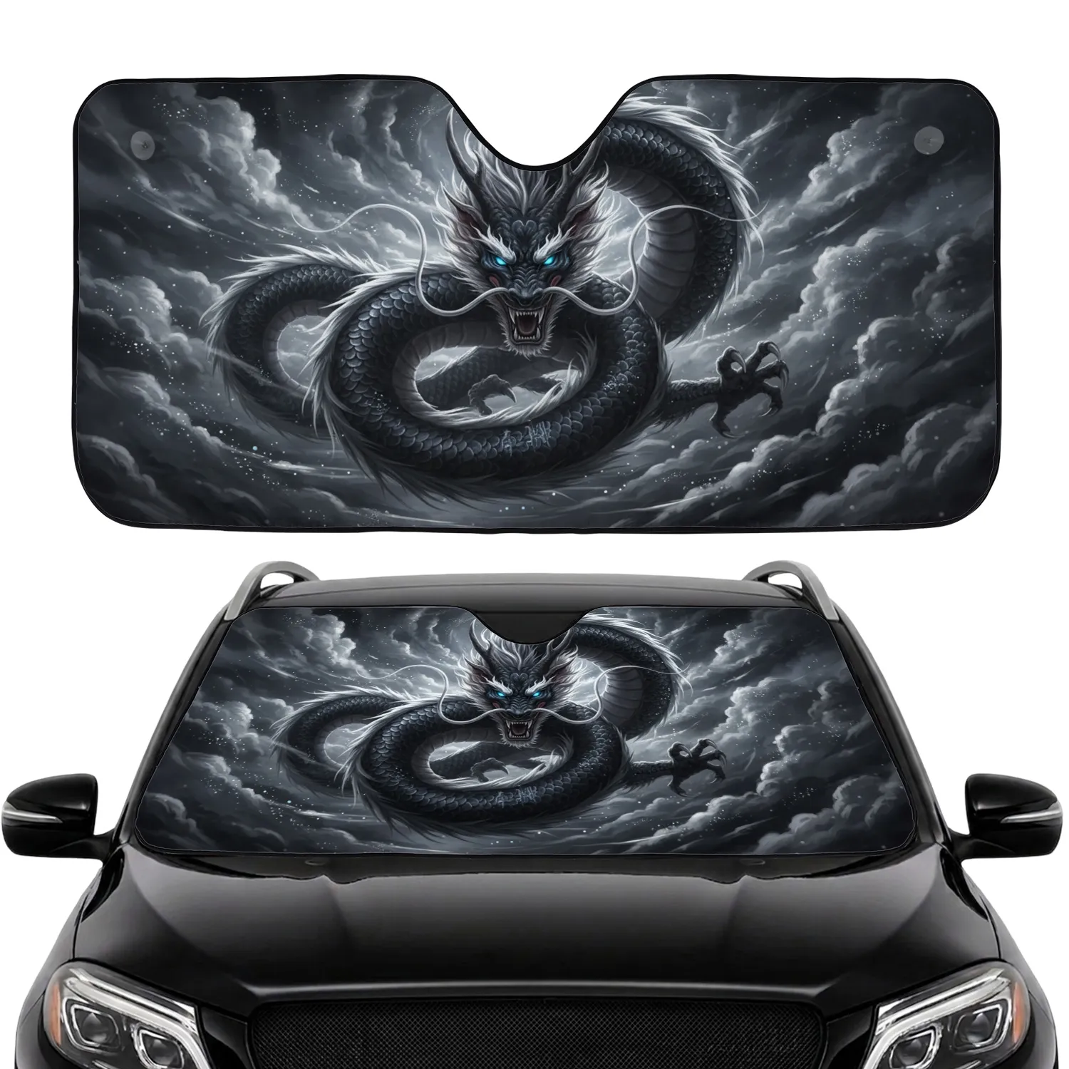 East Asian Coiling Dragon Storm Clouds Starry Night Sky - Fantasy Lover Gift Car Sunshade - 1