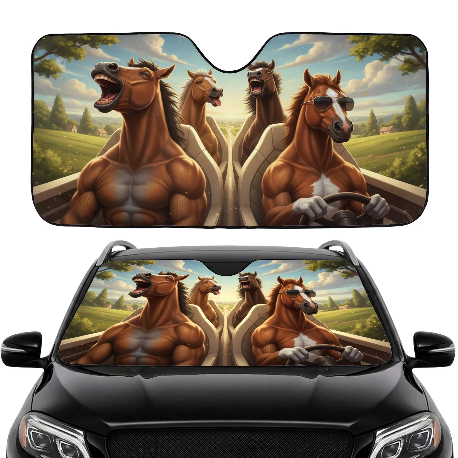 Four Expressive Horses Road Trip Country Road - Horse Lover Travel Essentials Gift Car Sunshade - 1