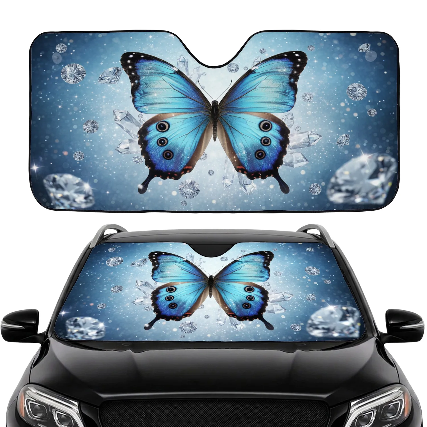 Iridescent Blue Morpho Butterfly with Diamonds and Crystals - Wildlife Lover Gift Car Sunshade - 1