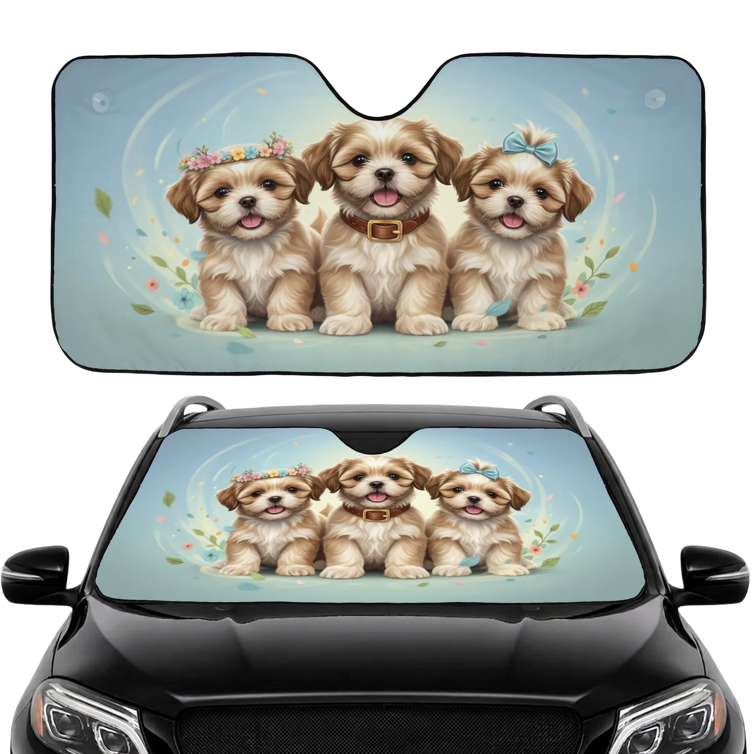 Shih Tzu Puppies Floral Crown Collar Bow - Dog Lover Car Decor Gift Car Sunshade - 1