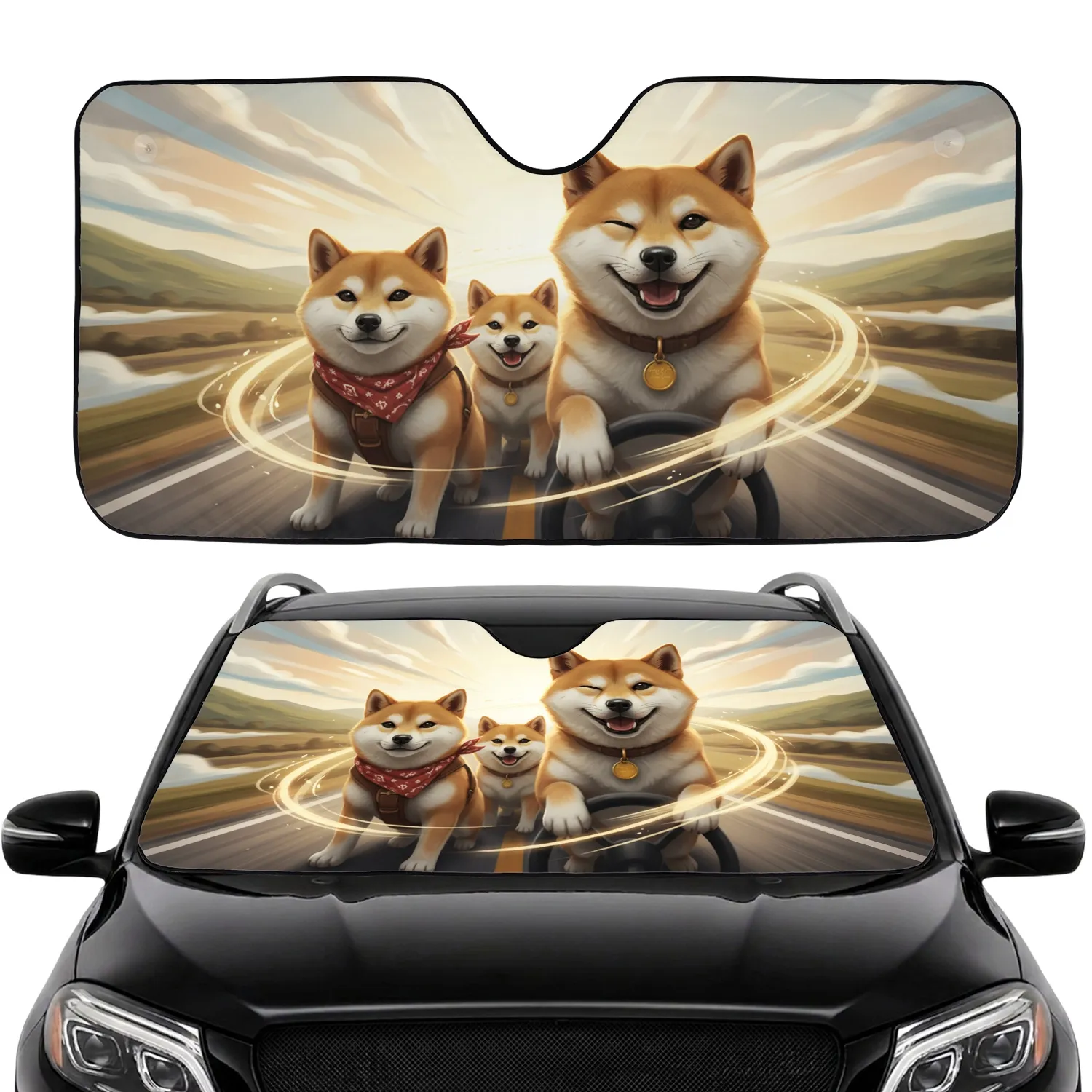 Winking Shiba Inu Dogs Open Road Adventure - Shiba Inu Lover Gift Car Sunshade - 1