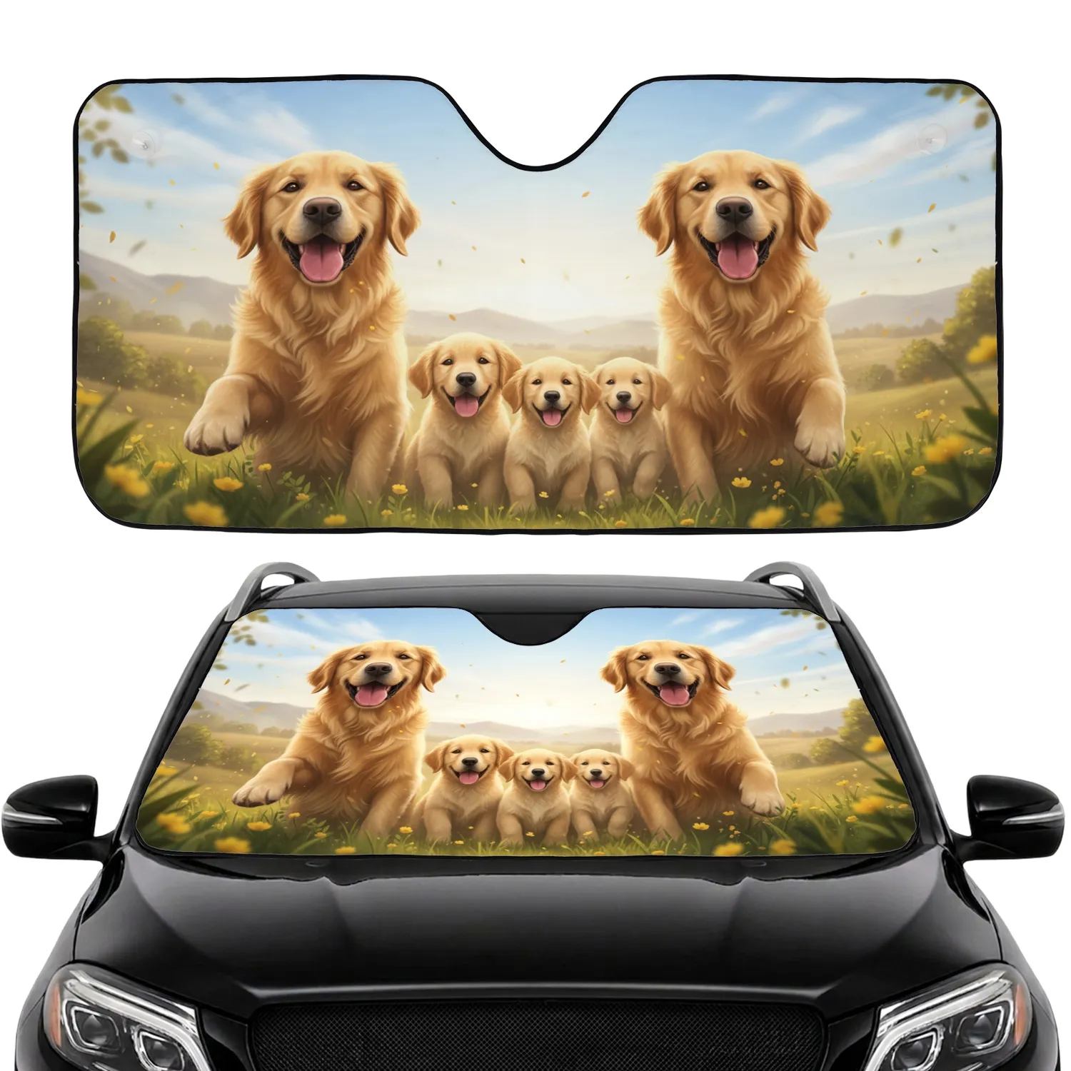 Golden Retrievers Puppies Outdoor Mountain Scene - Dog Pet Parent Gift Car Sunshade - 1