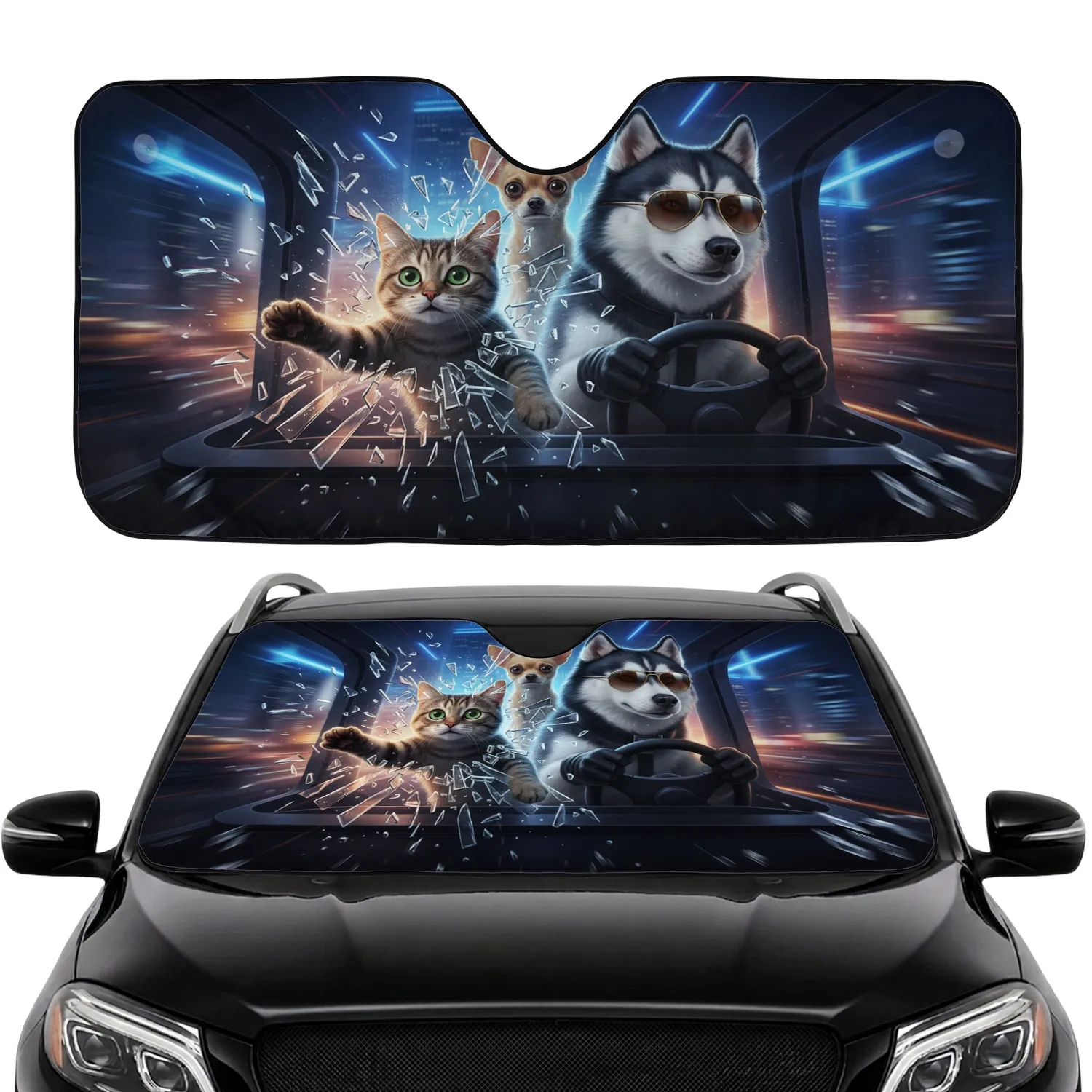 Husky Tabby Chihuahua Driving City Night – Pet Owner Lifestyle Gift Car Sunshade - 1