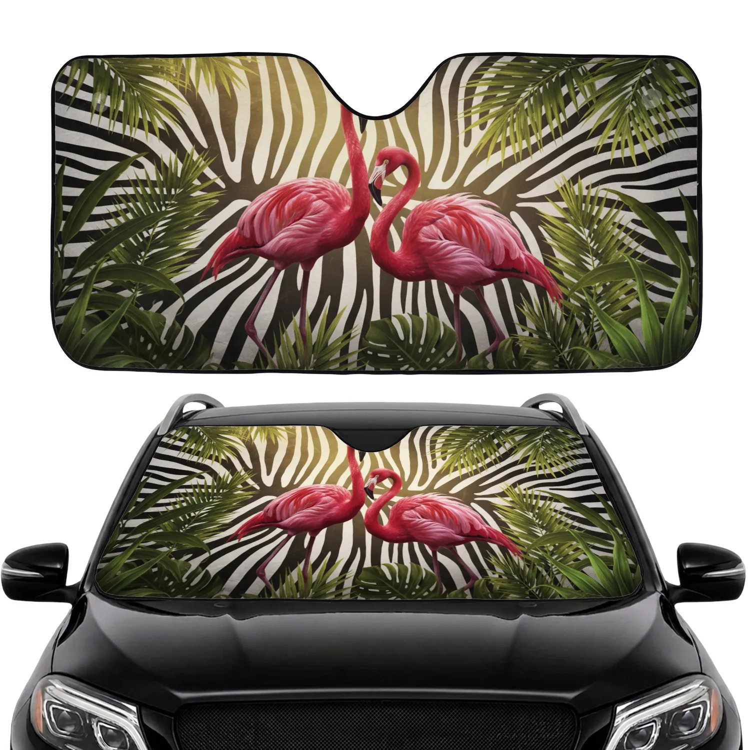 Fuchsia Flamingos Tropical Zebra Jungle Scene - Wildlife Lover Gift Car Sunshade - 1