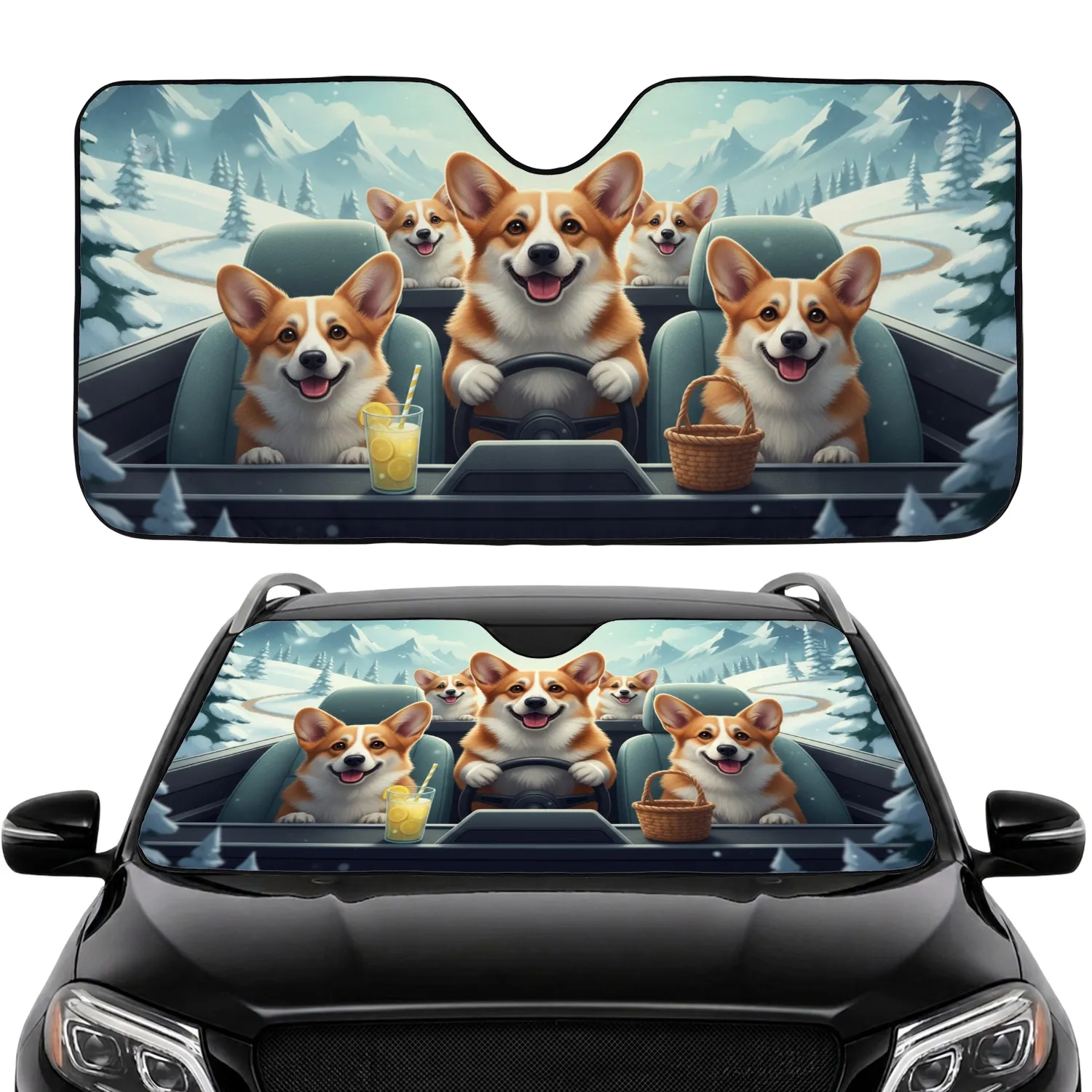 Pembroke Corgis Driving Winter Hills - Pet Lover Road Trip Gift Car Sunshade - 1