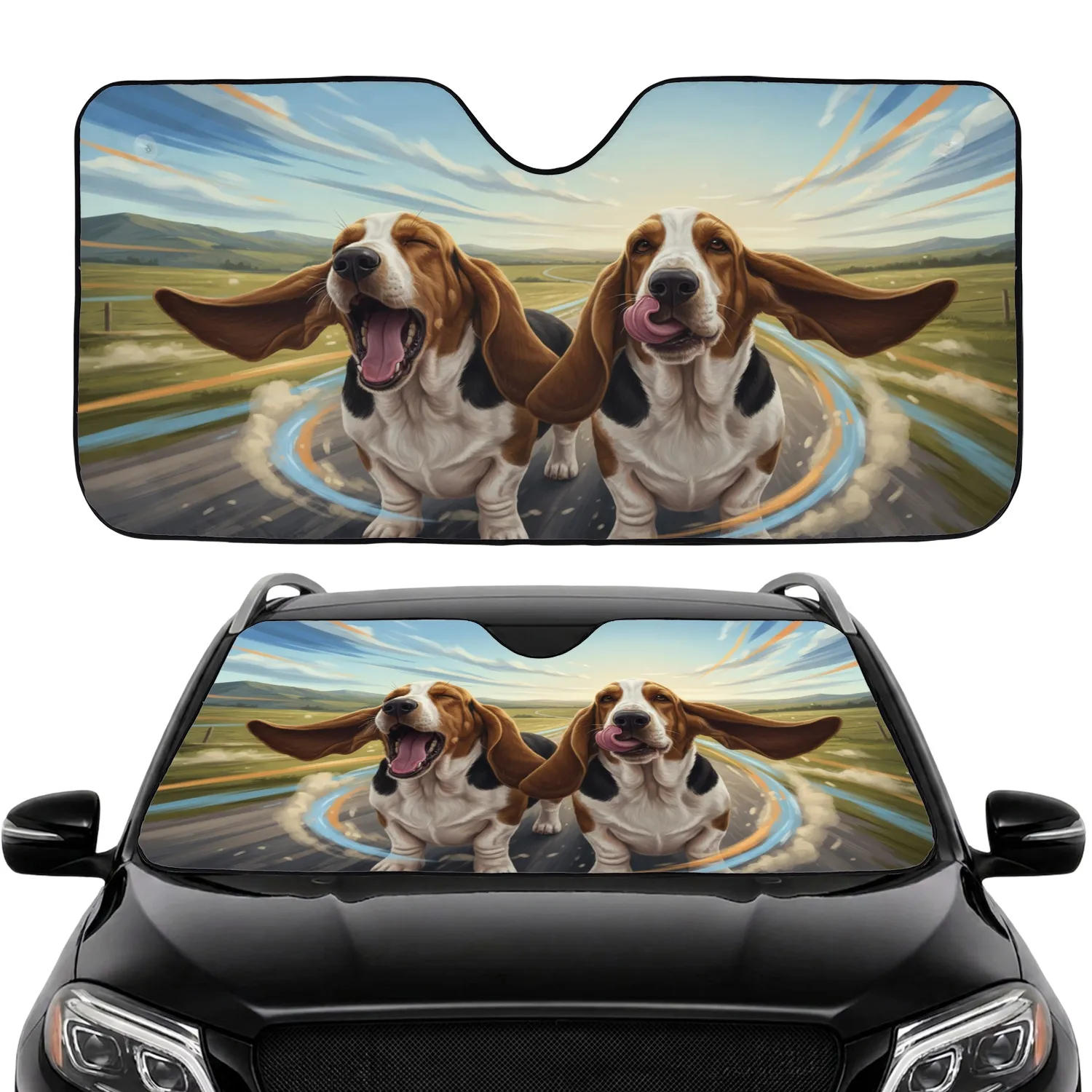 Basset Hounds Yawning Licking Nose Travel Essentials Dog Lover Gift Car Sunshade - 1