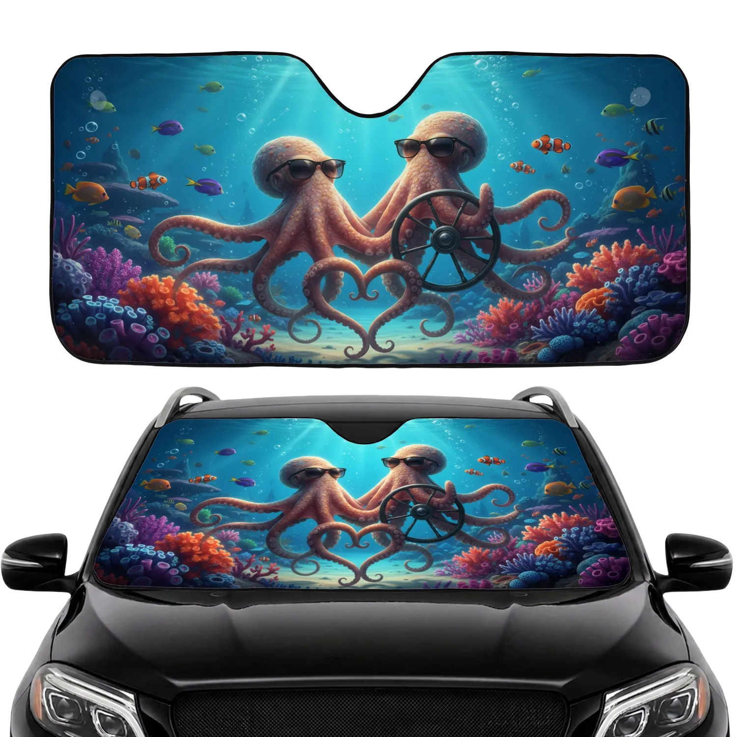 Octopuses Steering Wheel Heart Deep Ocean Coral Reef - Ocean Lover Wildlife Gift Car Sunshade - 1