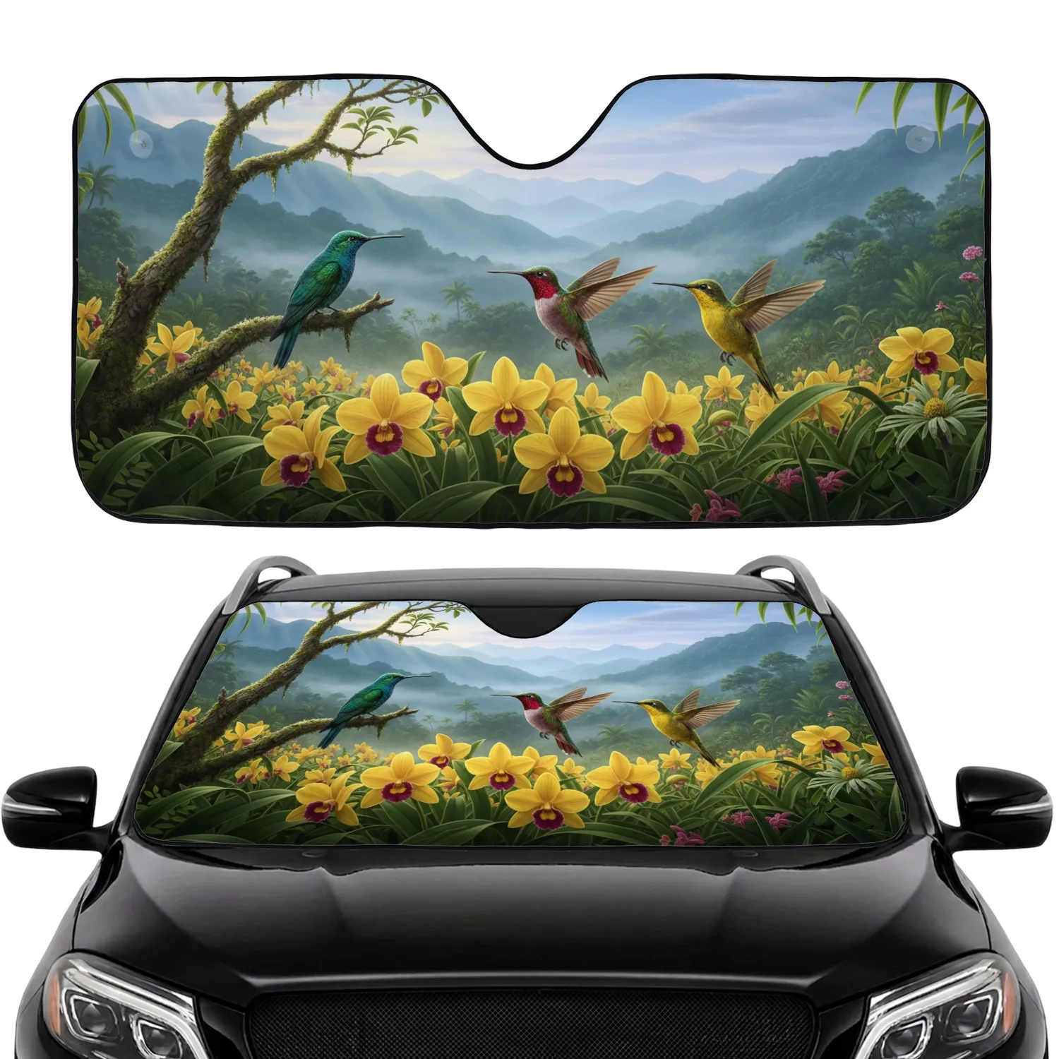 Ruby Hummingbird Orchid Mountain Landscape - Wildlife Lover Gift Car Sunshade - 1