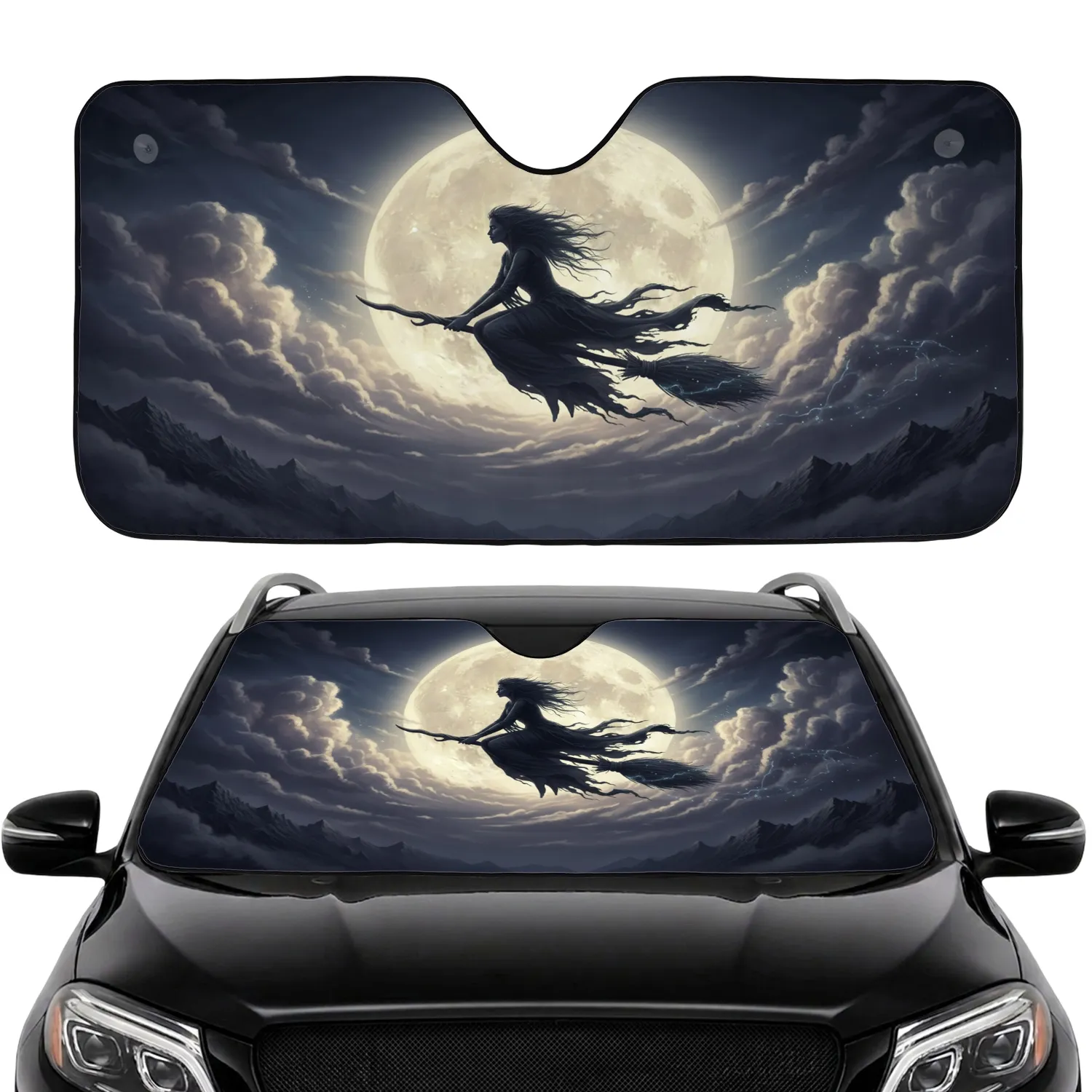 Witch Riding Broomstick Full Moon - Witchy Lifestyle Gift for Fantasy Lover Car Sunshade - 1