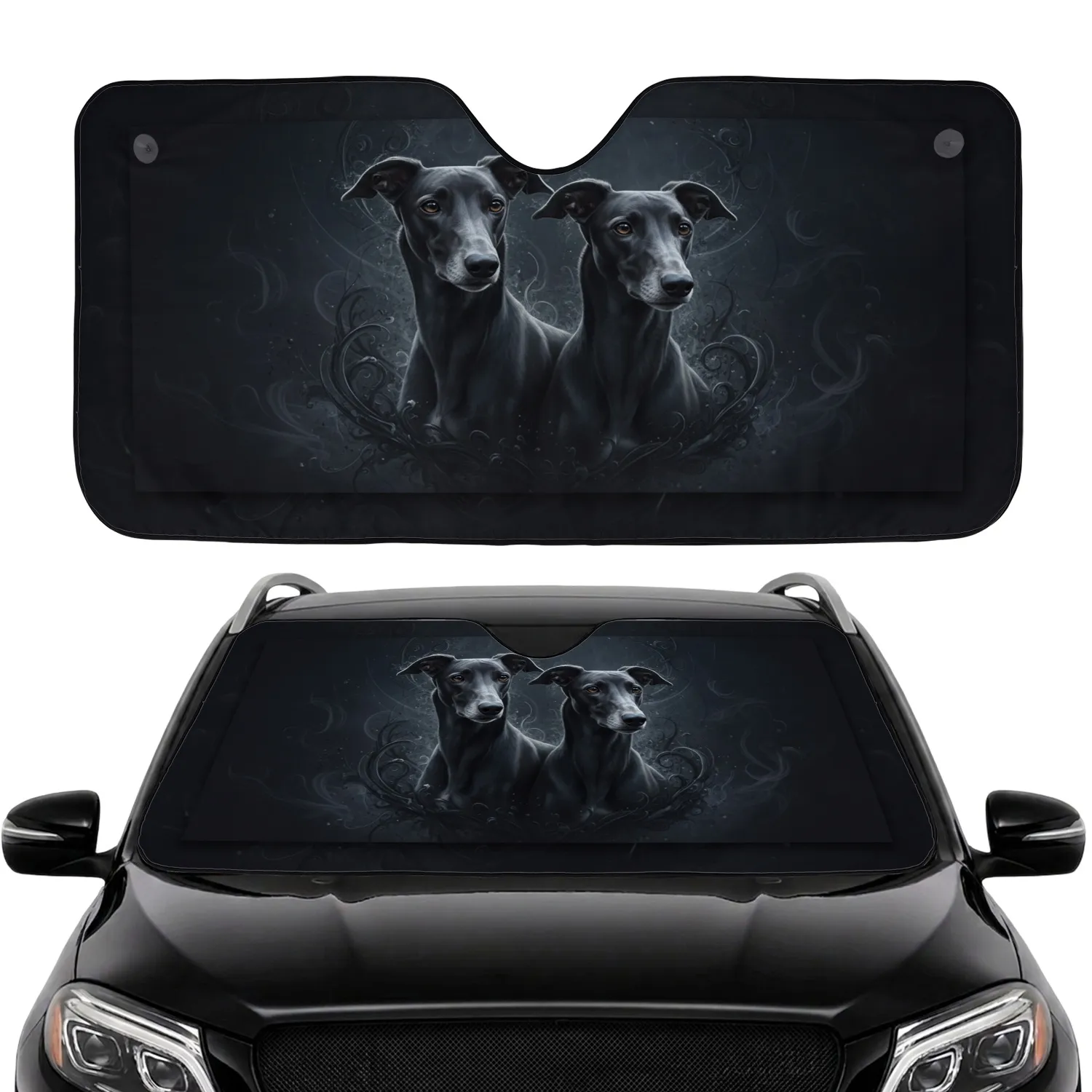 Dark-Coated Greyhounds Dark Mist Light Rays - Dog Lover Gift Auto Accessory Car Sunshade - 1
