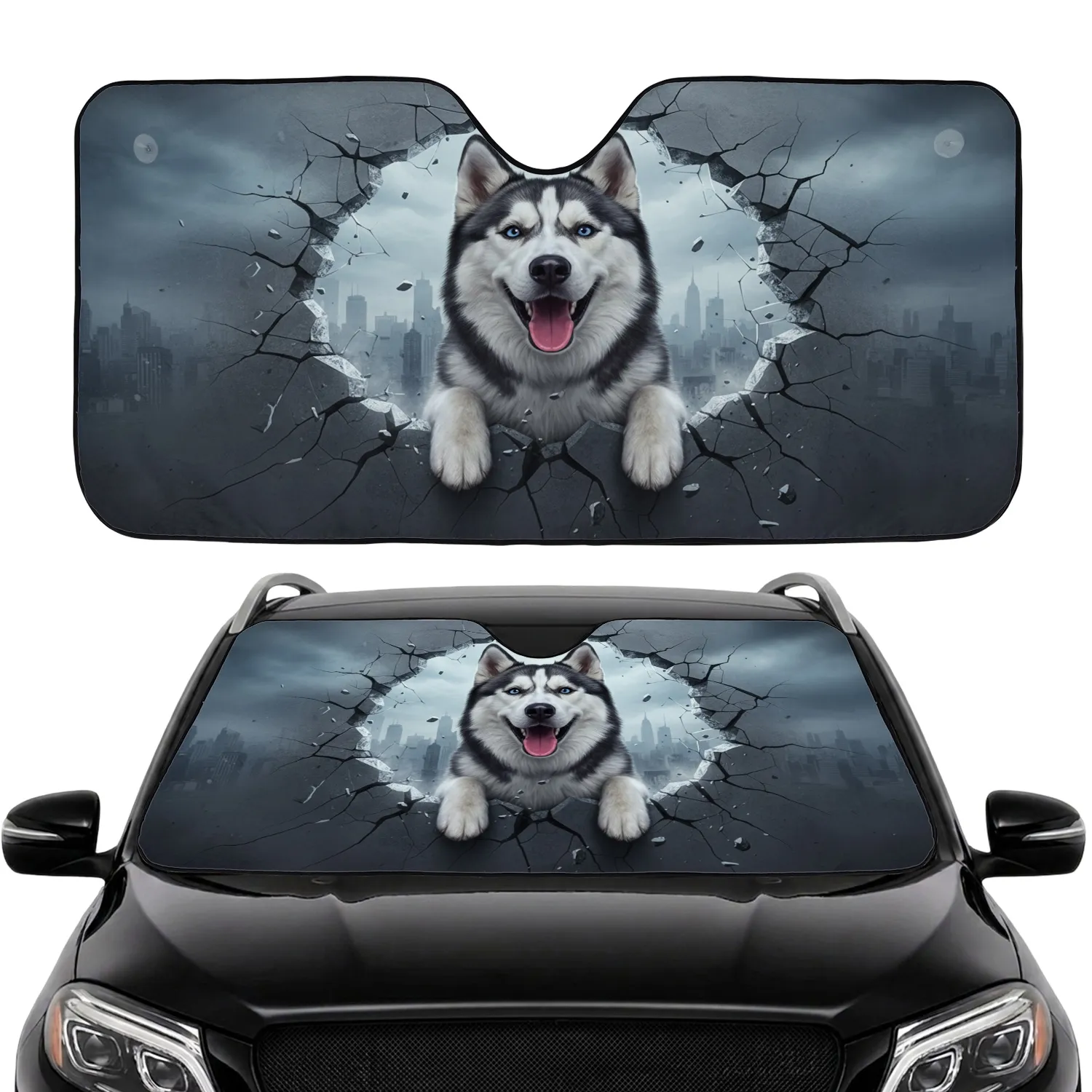 Joyful Siberian Husky Dog Cracked Stone City Skyline - Dog Lover Gift Car Sunshade - 1