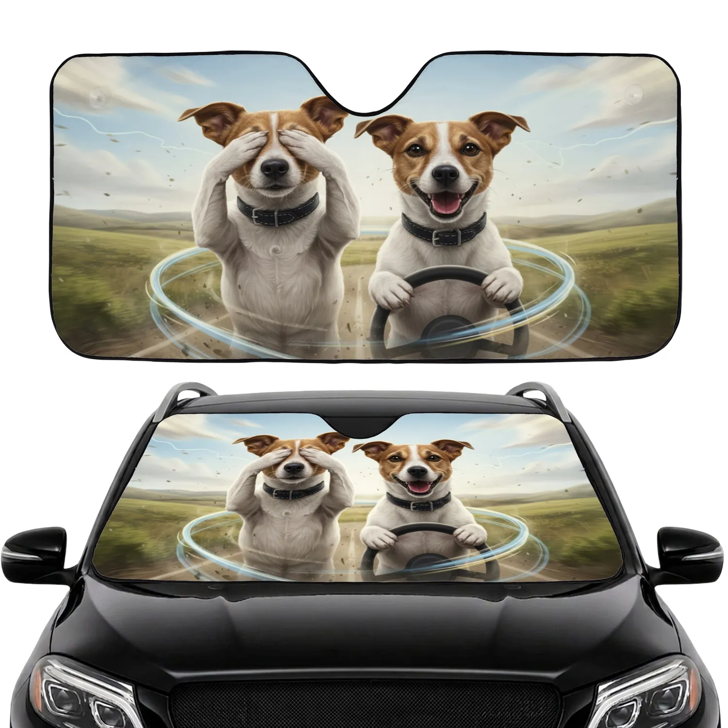 Surprised & Confident Jack Russell Terriers Car Road Trip - Dog Lover Gift Car Sunshade - 1