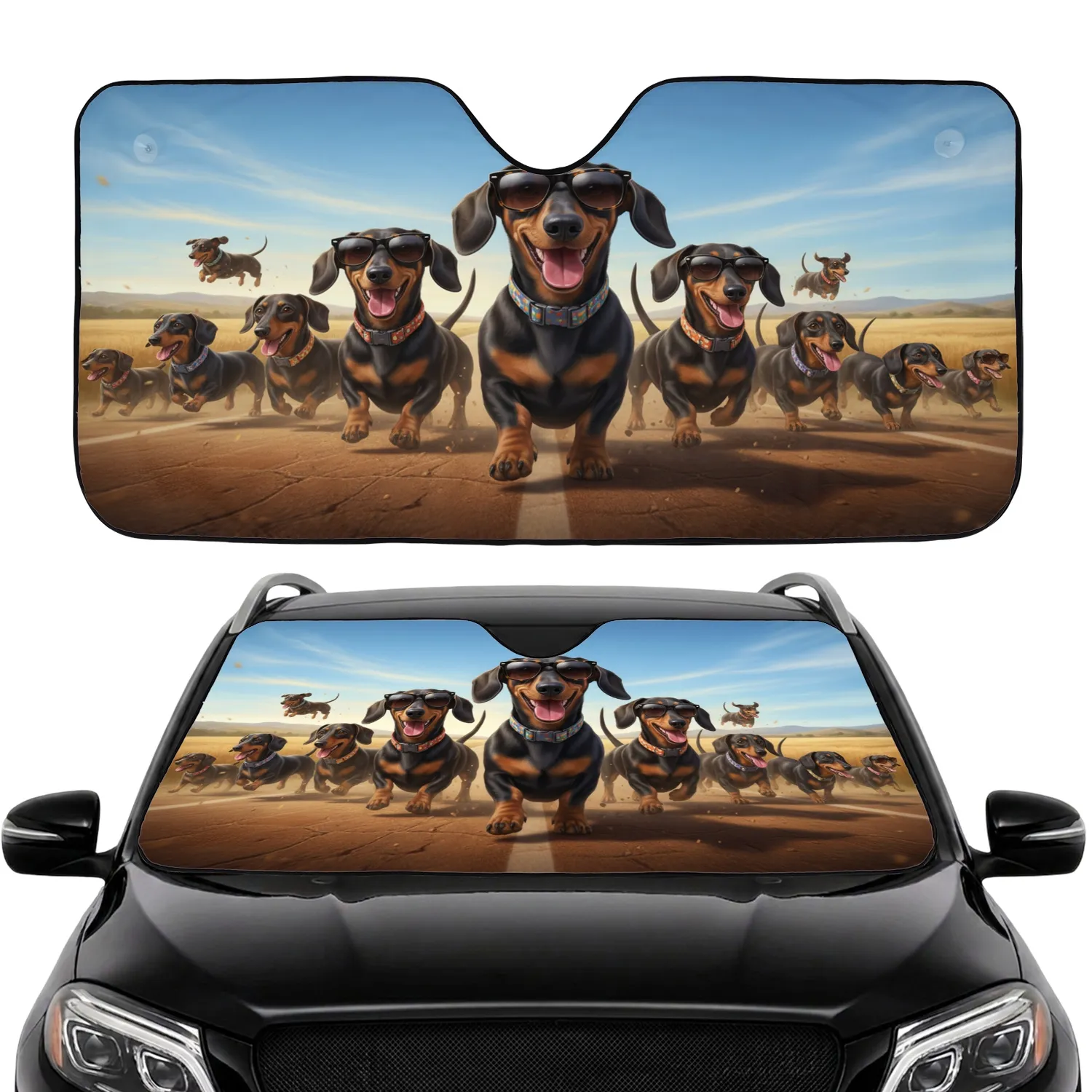 Dachshund Dogs Open Highway - Travel Essentials Gift Car Sunshade - 1