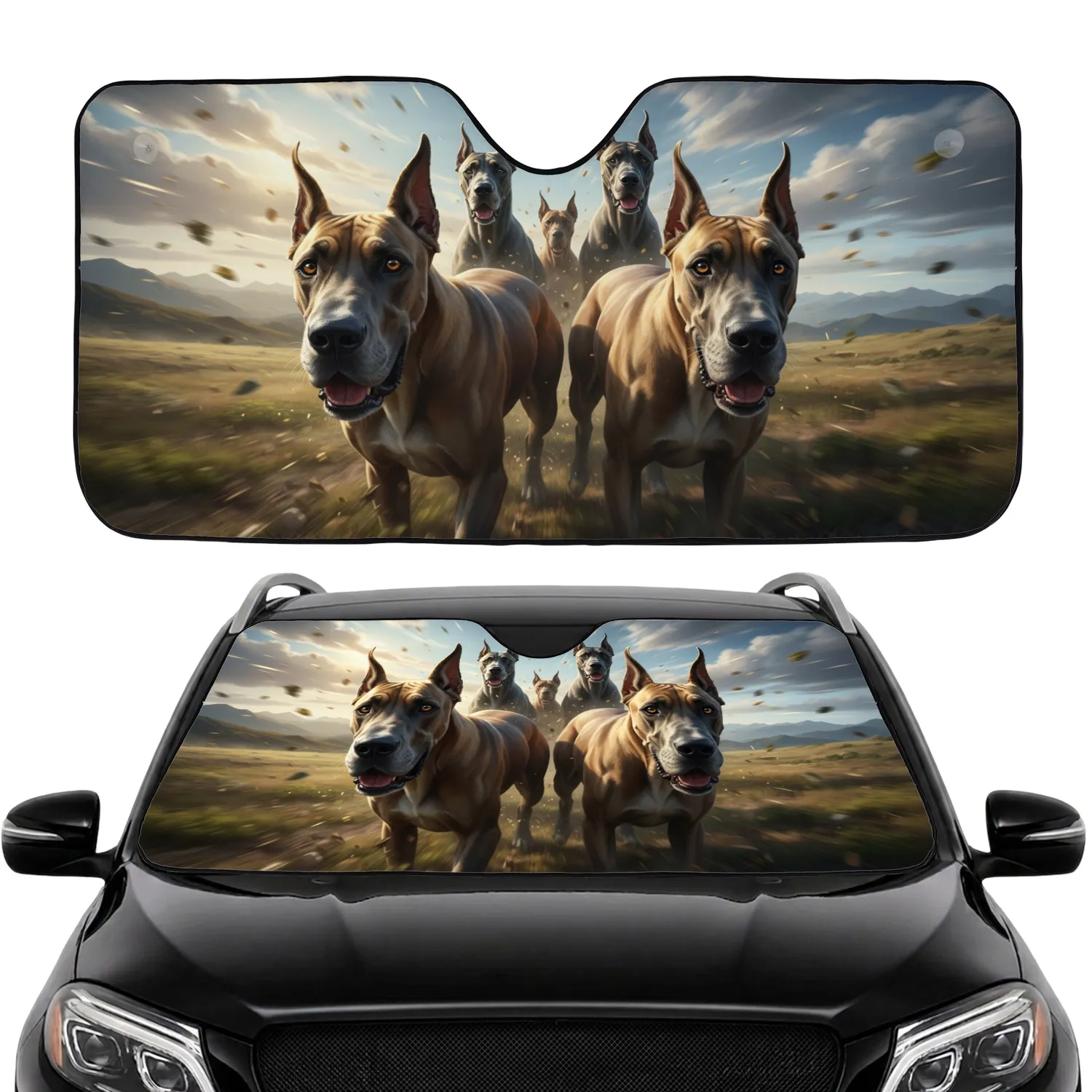 Five Great Danes Expansive Landscape Grand Journey - Dog Lover Gift Car Sunshade - 1