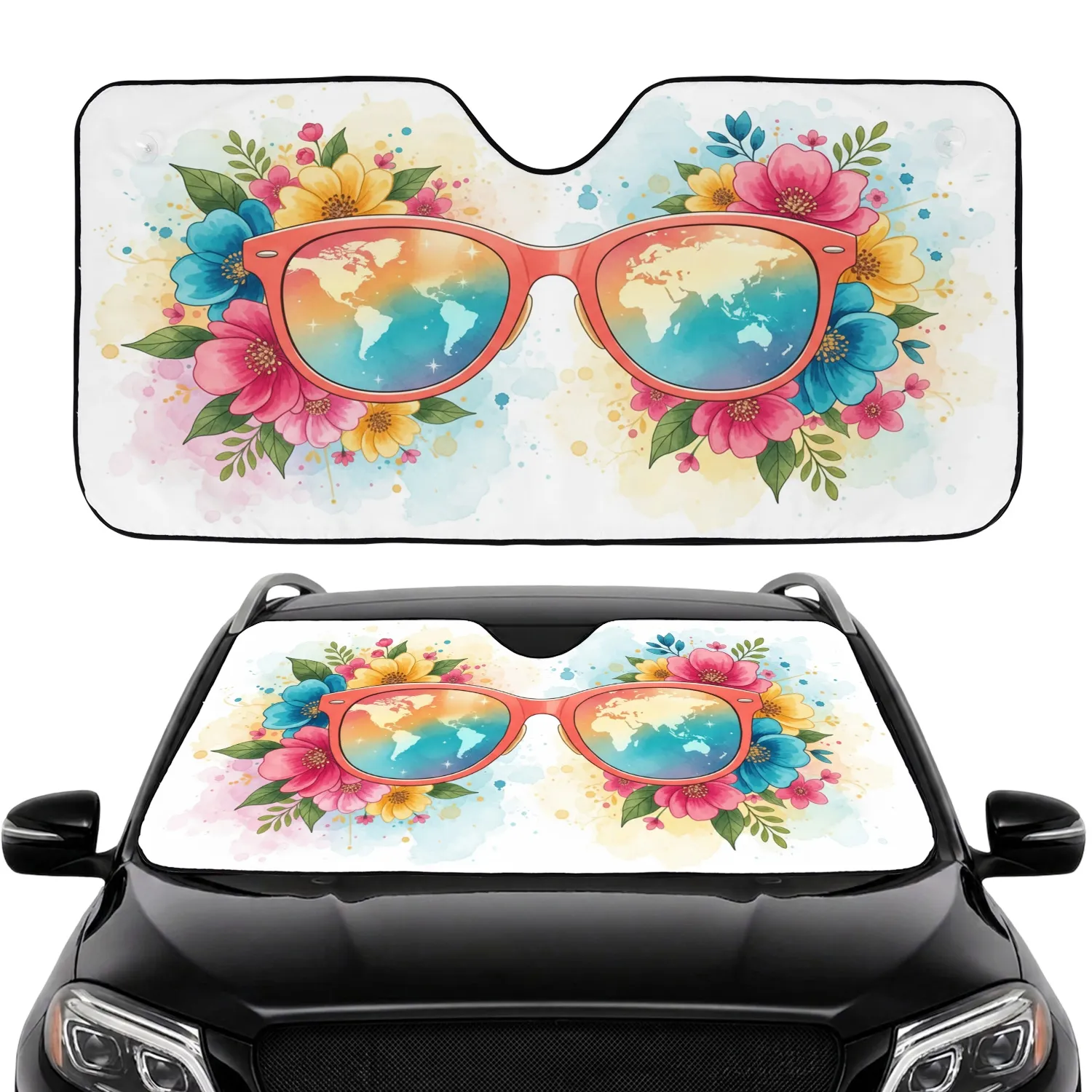 Oversized Retro Sunglasses World Map Stars Lush Flowers Cloud Field Summer Vacation Gift Car Sunshade - 1