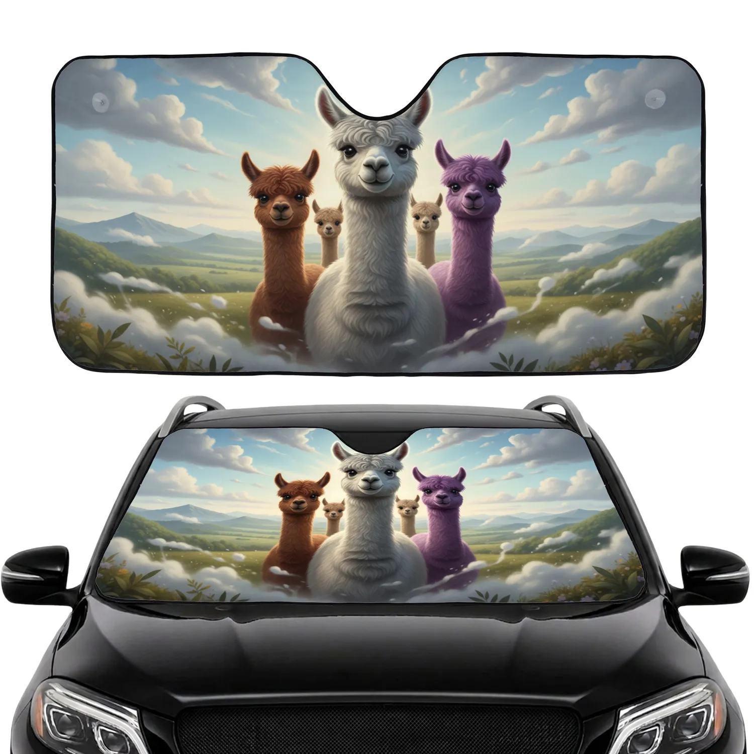 Smiling Diverse Alpacas Fantasy Rolling Hills - Wildlife Lover Gift for Alpaca Lover Car Sunshade - 1