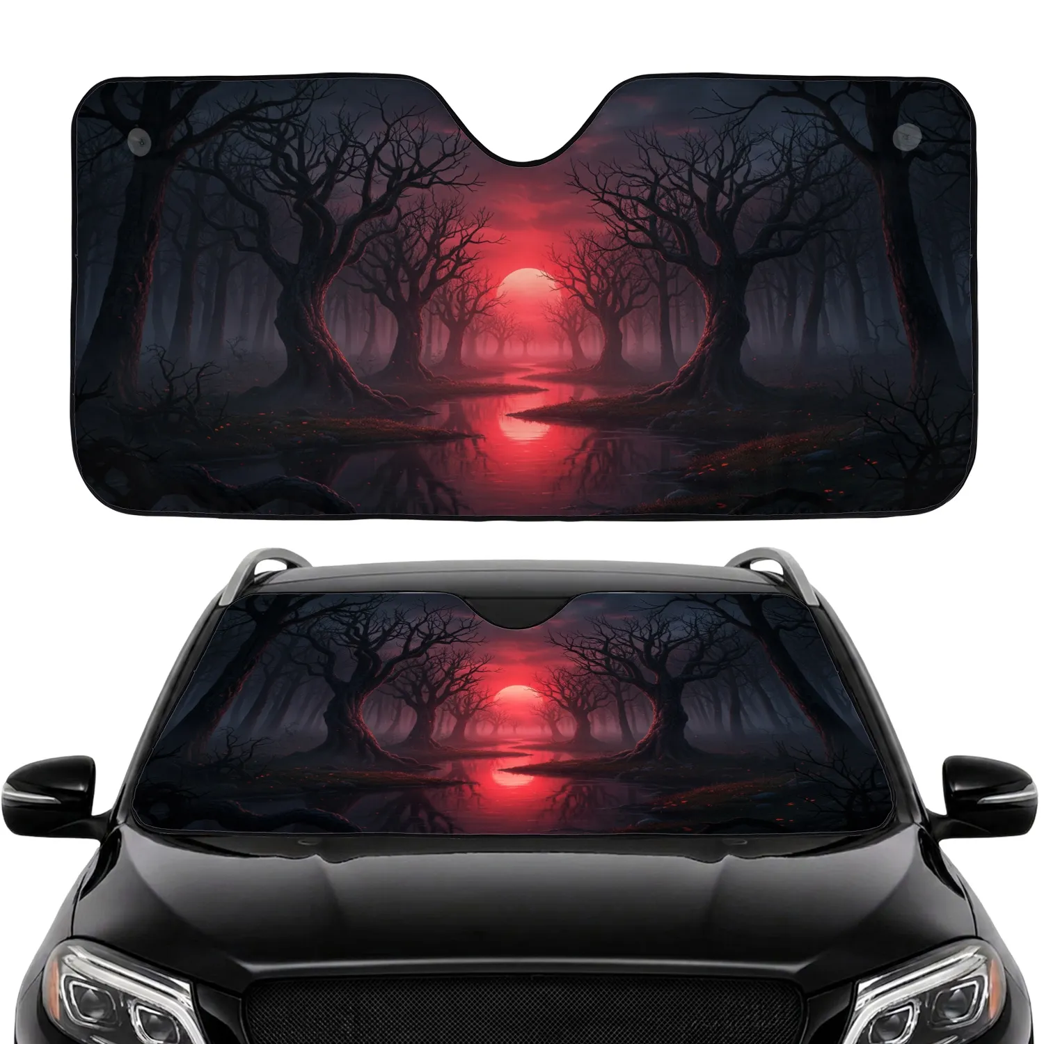 Glowing Sun Gnarled Trees Winding River Misty Forest - Everyday Road Trip Car Accessory Gift Car Sunshade - 1
