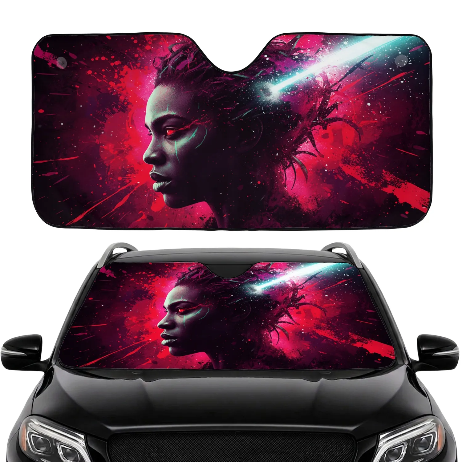 Intense Human Face Glowing Red Eyes Wild Tendrils - Auto Accessory Gift for Drivers Car Sunshade - 1