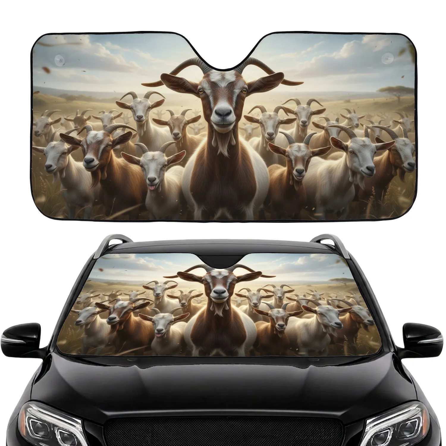 Realistic Diverse Goats Rolling Hills Savanna - Wildlife Lover Gift Car Sunshade - 1