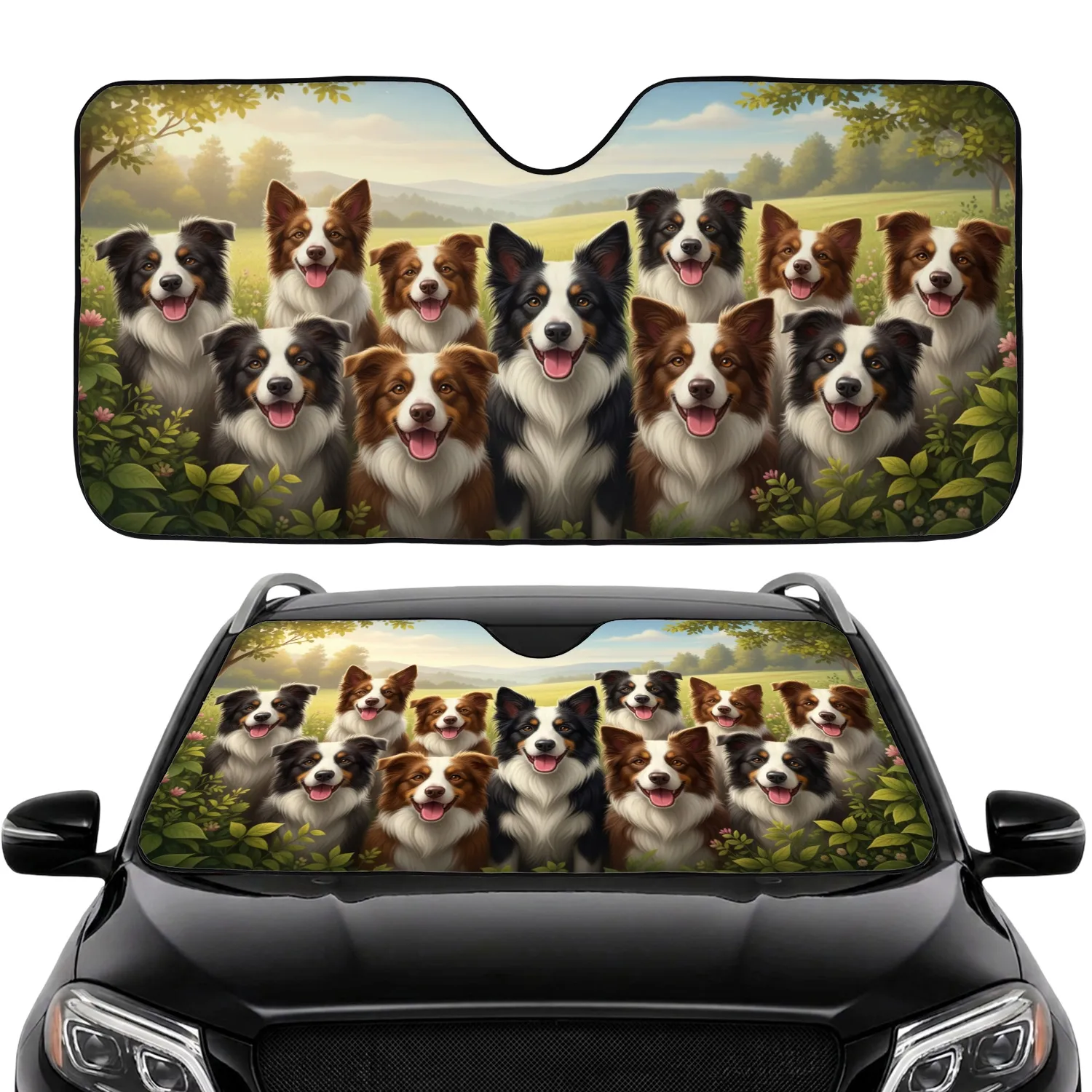 Joyful Border Collies Sunlit Field Rolling Hills - Dog Lover Pet Owner Gift Car Sunshade - 1