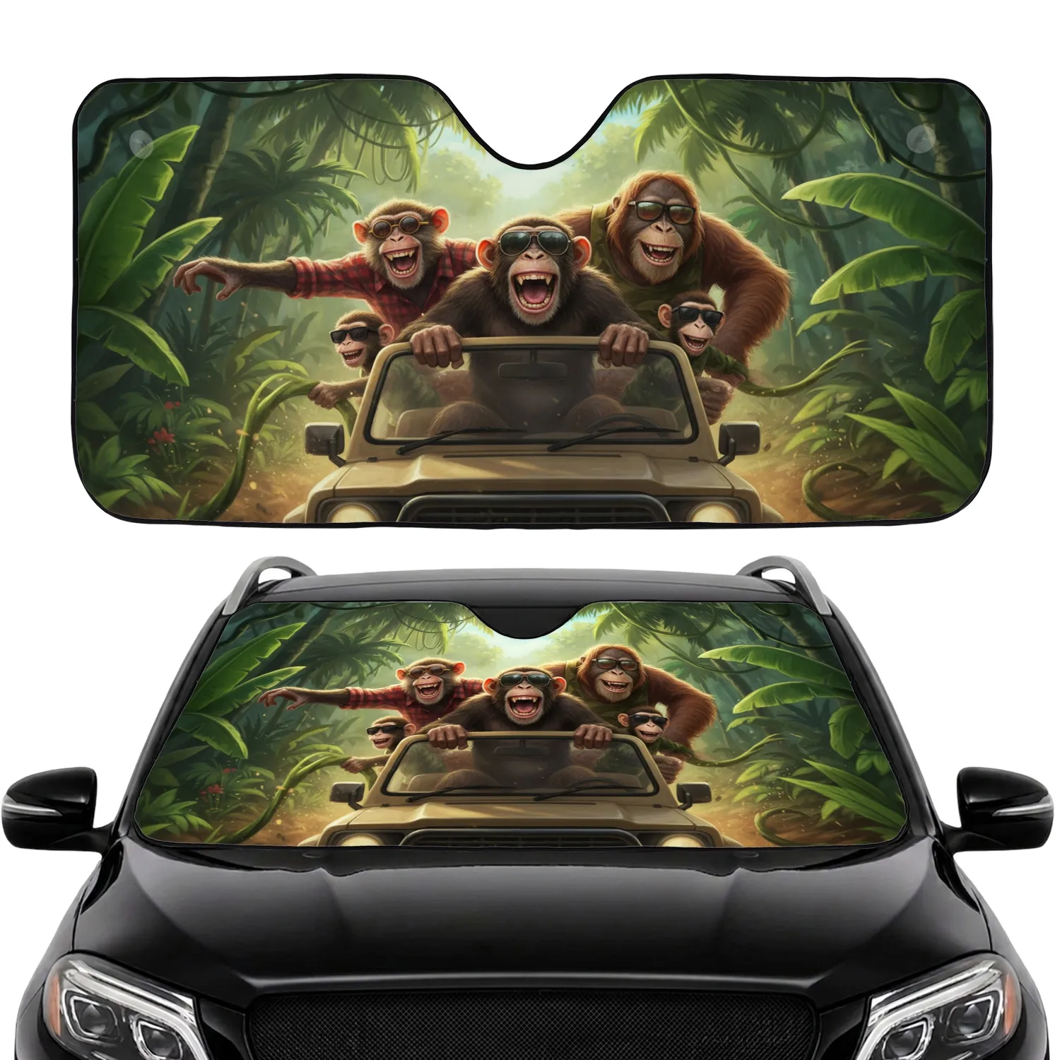 Four Monkeys Laughing Safari Vehicle Jungle Tropical Canopy - Adventure Lover Gift Car Sunshade - 1