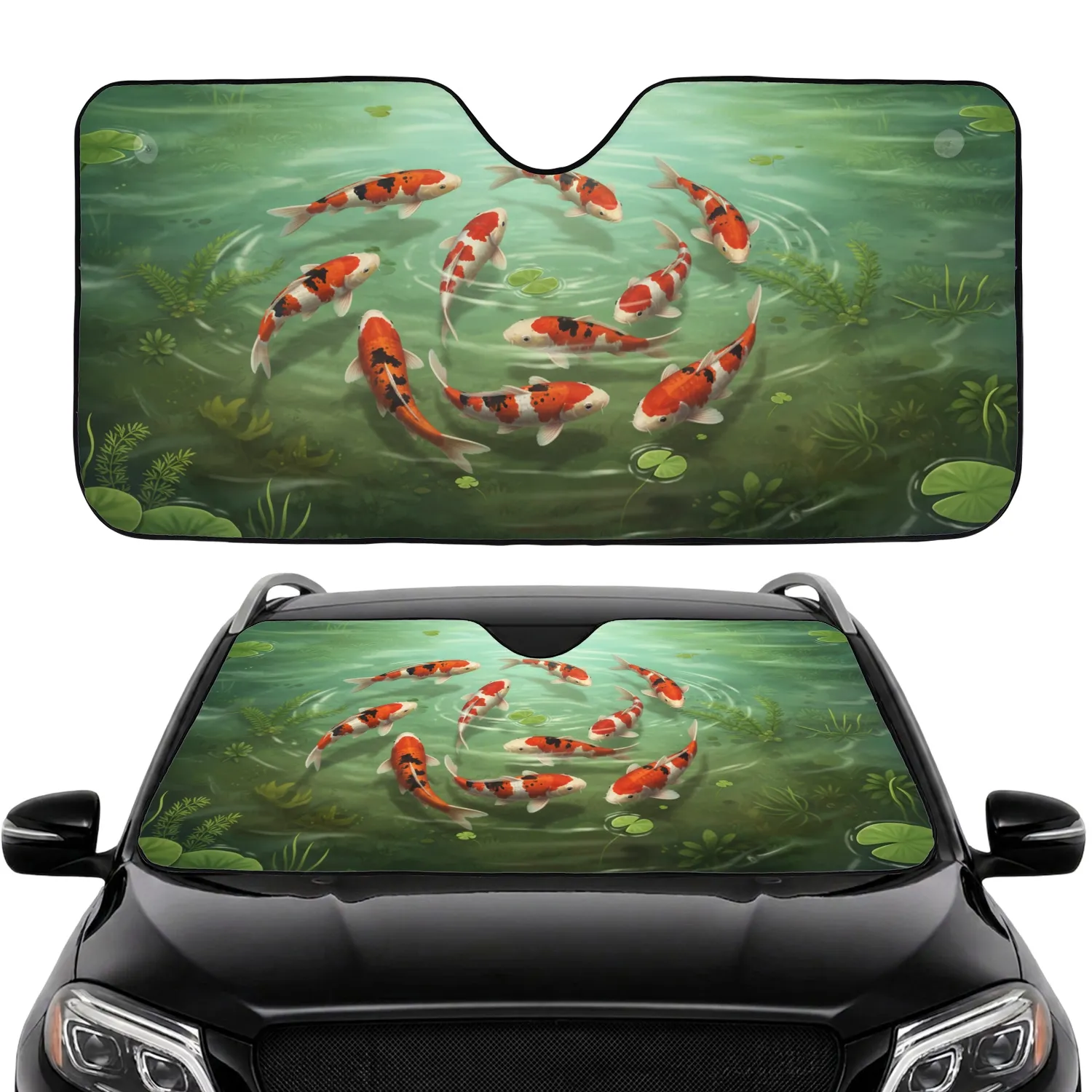 Vibrant Koi Fish Pond Lily Pad Scene - Fish Lover Car Decor Gift Car Sunshade - 1