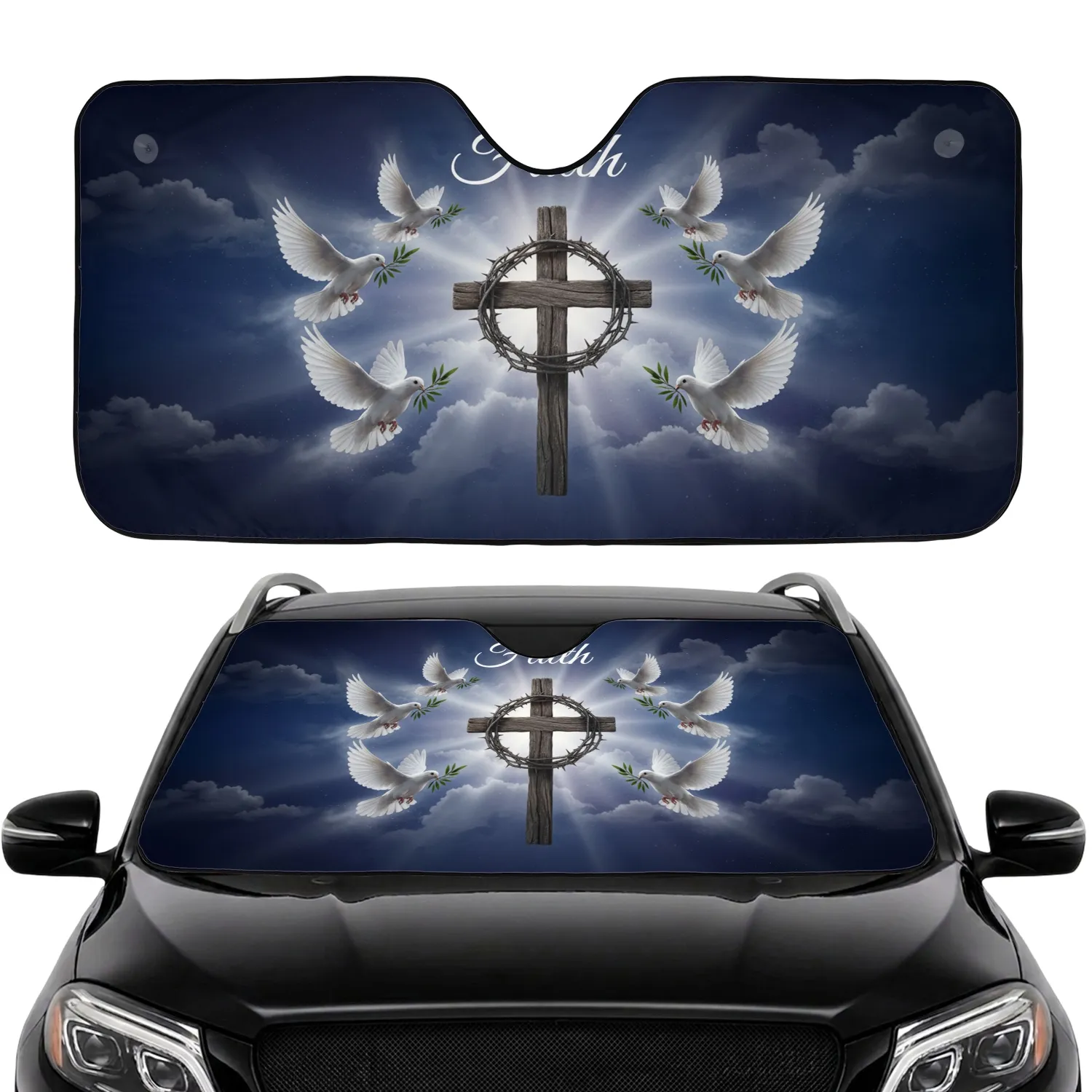 Faith Word Wooden Cross Doves Olive Branch - Spiritual Lifestyle Gift Car Sunshade - 1
