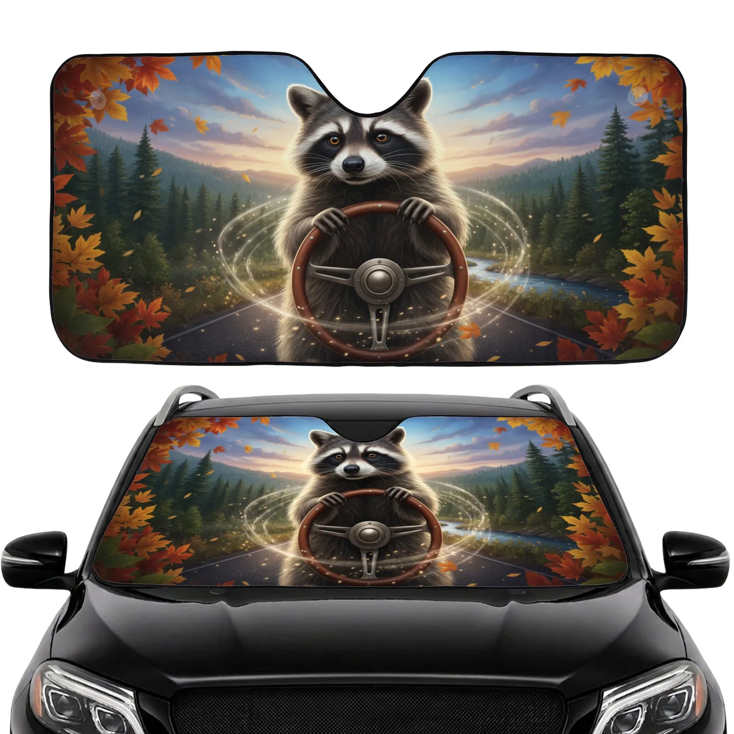 Raccoon Wooden Steering Wheel Autumn Forest Twilight Sky - Raccoon Lover Gift Car Sunshade - 1