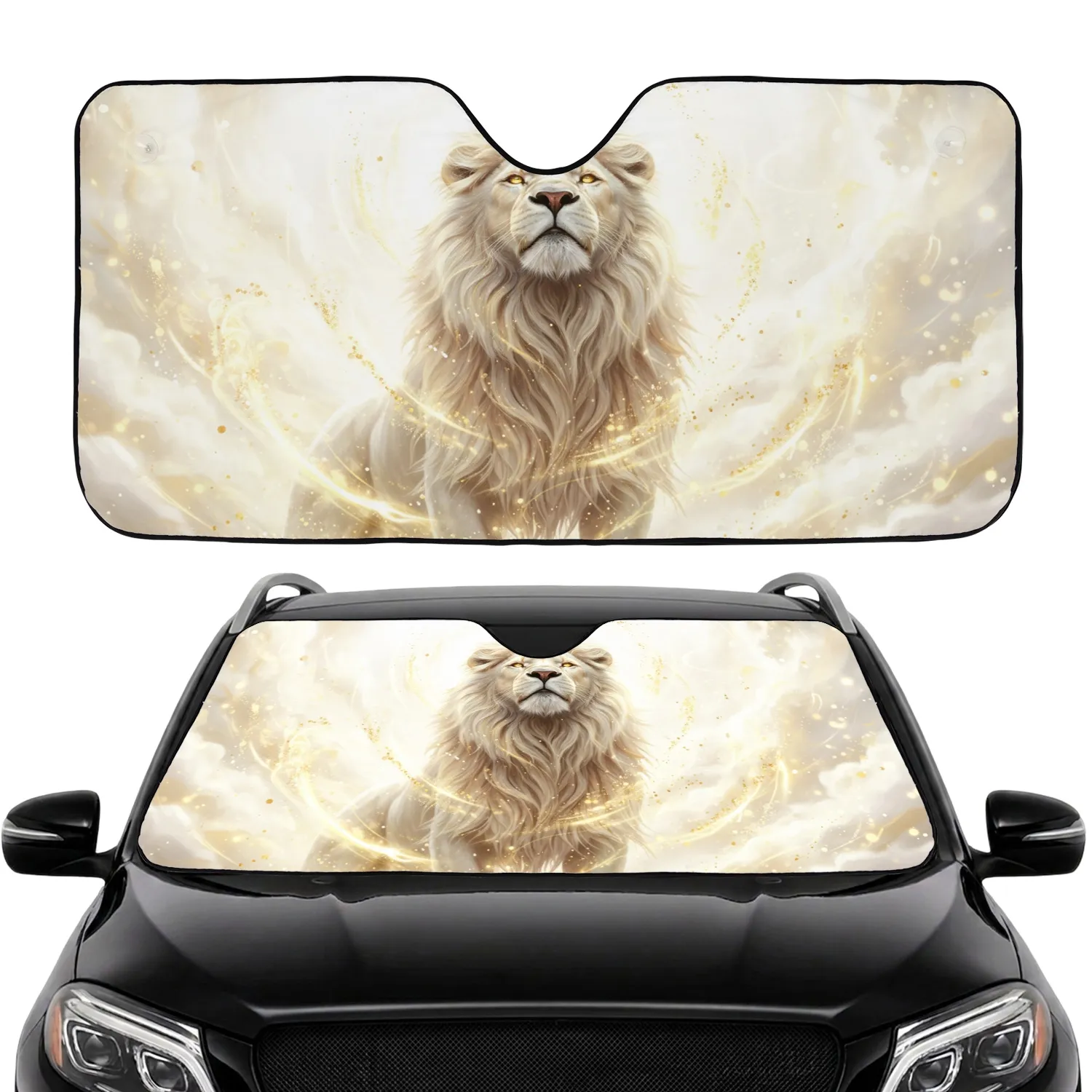 Majestic White Lion Golden Energy Swirls Luminous White Background - Wildlife Lover Gift Car Sunshade - 1