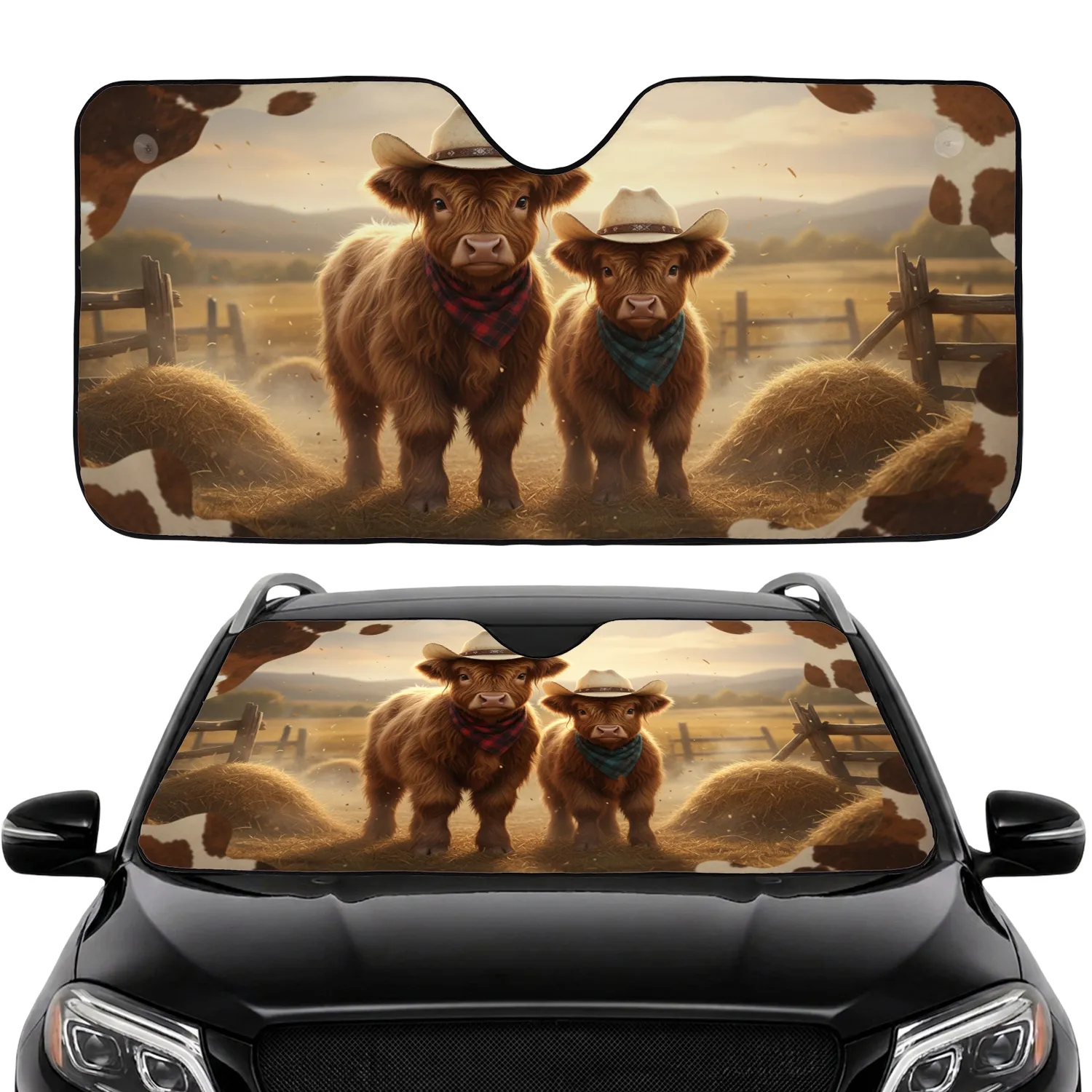 Fluffy Highland Cow Calves Cowboy Hats Bandanas - Farmhouse Decor Gift Car Sunshade - 1