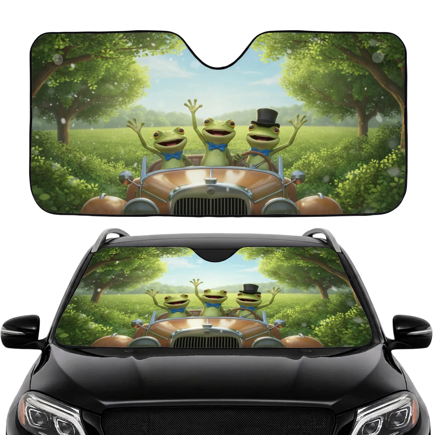 Smiling Green Frogs Vintage Open-Top Vehicle - Road Trip Gift for Nature Lover Car Sunshade - 1
