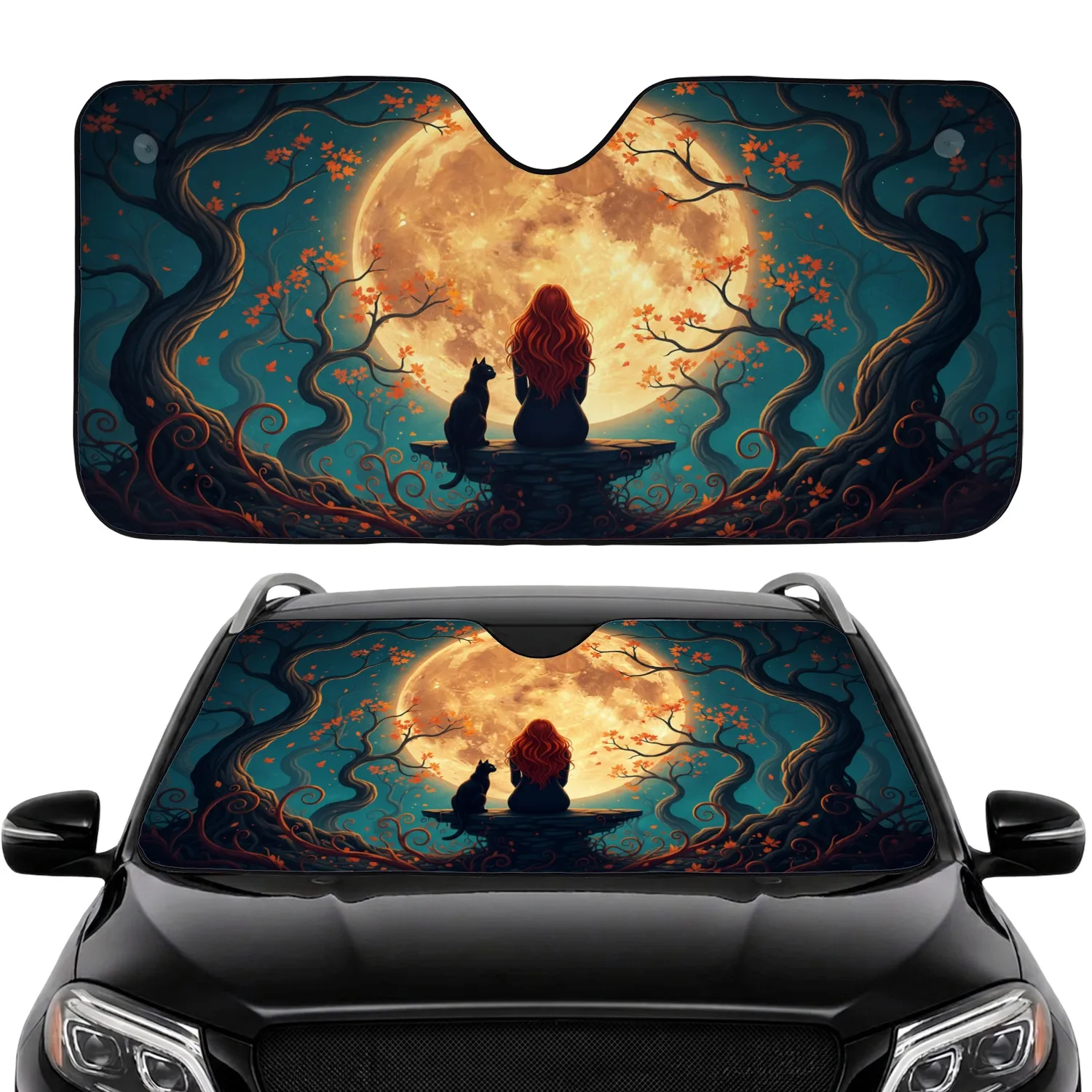 Silhouetted Woman Black Cat Moonlit Night - Night Sky Lover Gift for Cat Lover Car Sunshade - 1