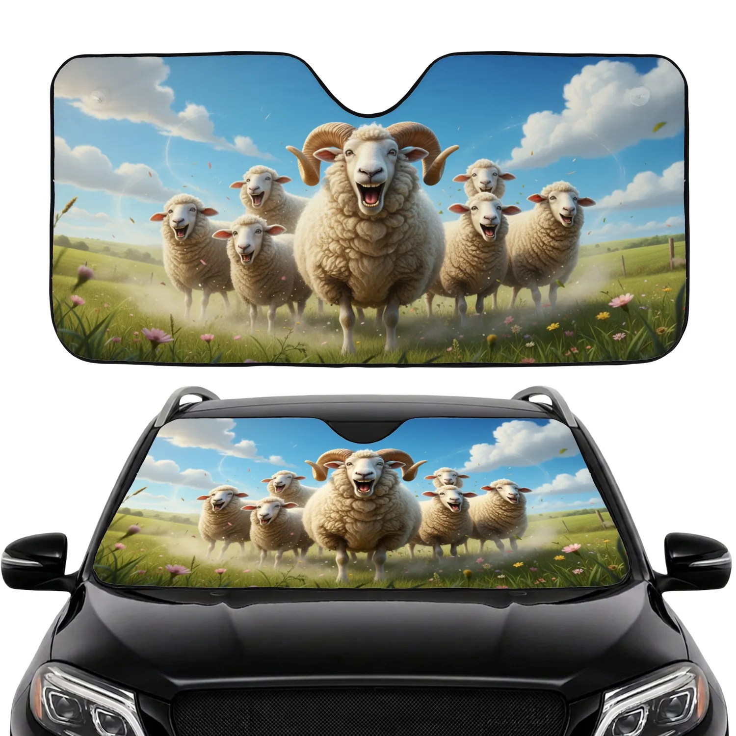 Shouting Sheep Rolling Pasture - Farmhouse Car Decor Gift for Sheep Lover Car Sunshade - 1