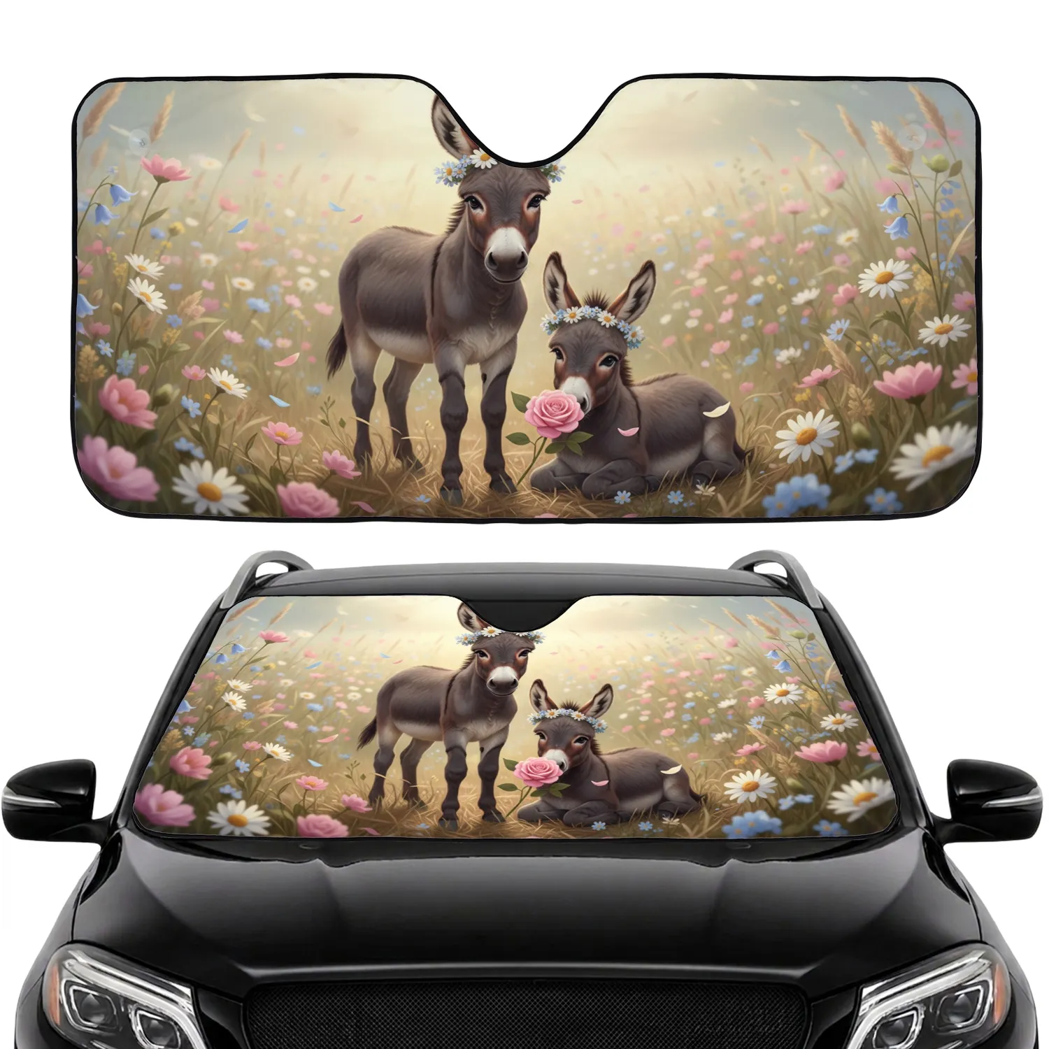 Baby Donkeys Flower Crowns Wildflower Meadow - Animal Lover Car Decor Gift Car Sunshade - 1