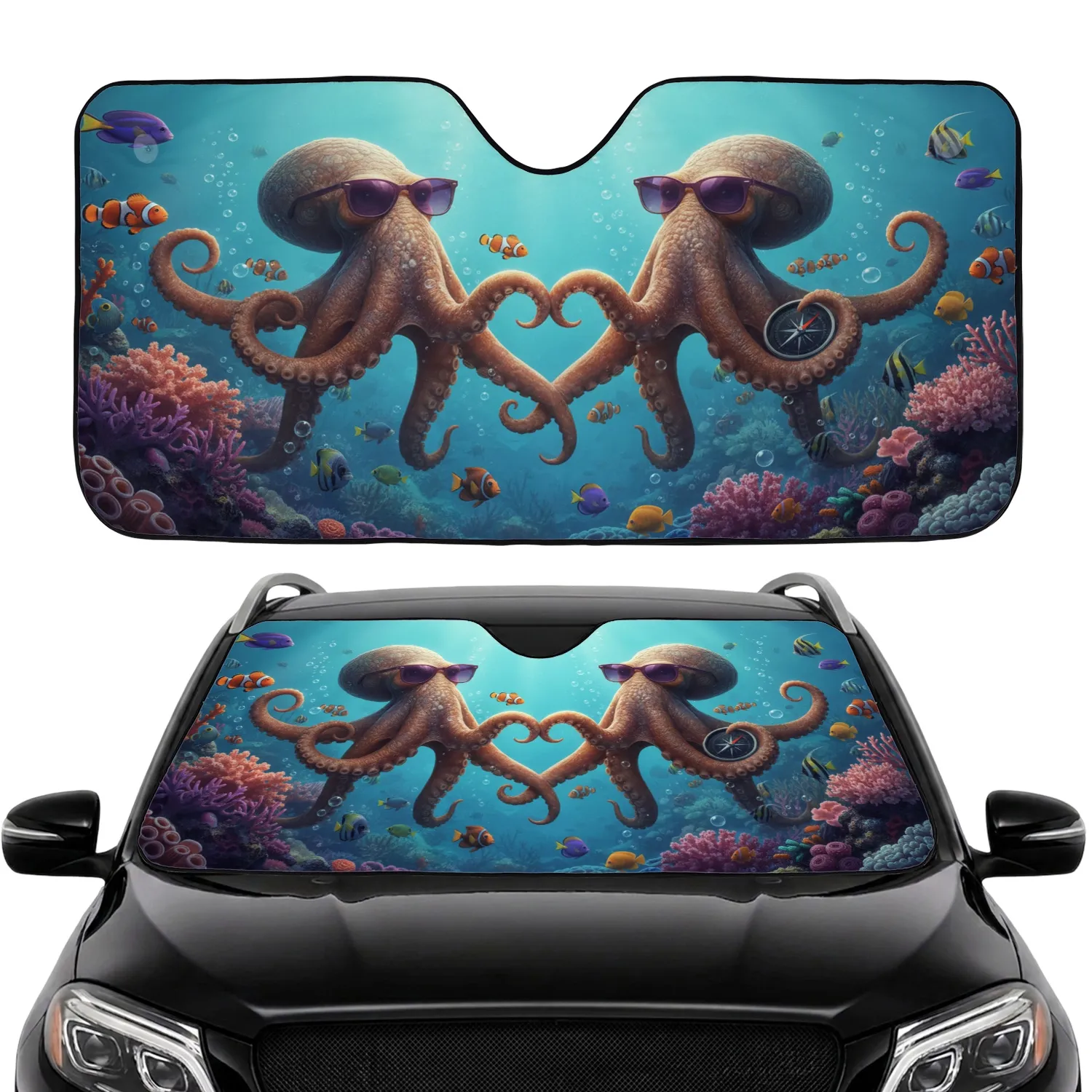 Octopus Heart Sunglasses Tropical Fish Coral Underwater Garden - Ocean Life Gift Car Sunshade - 1