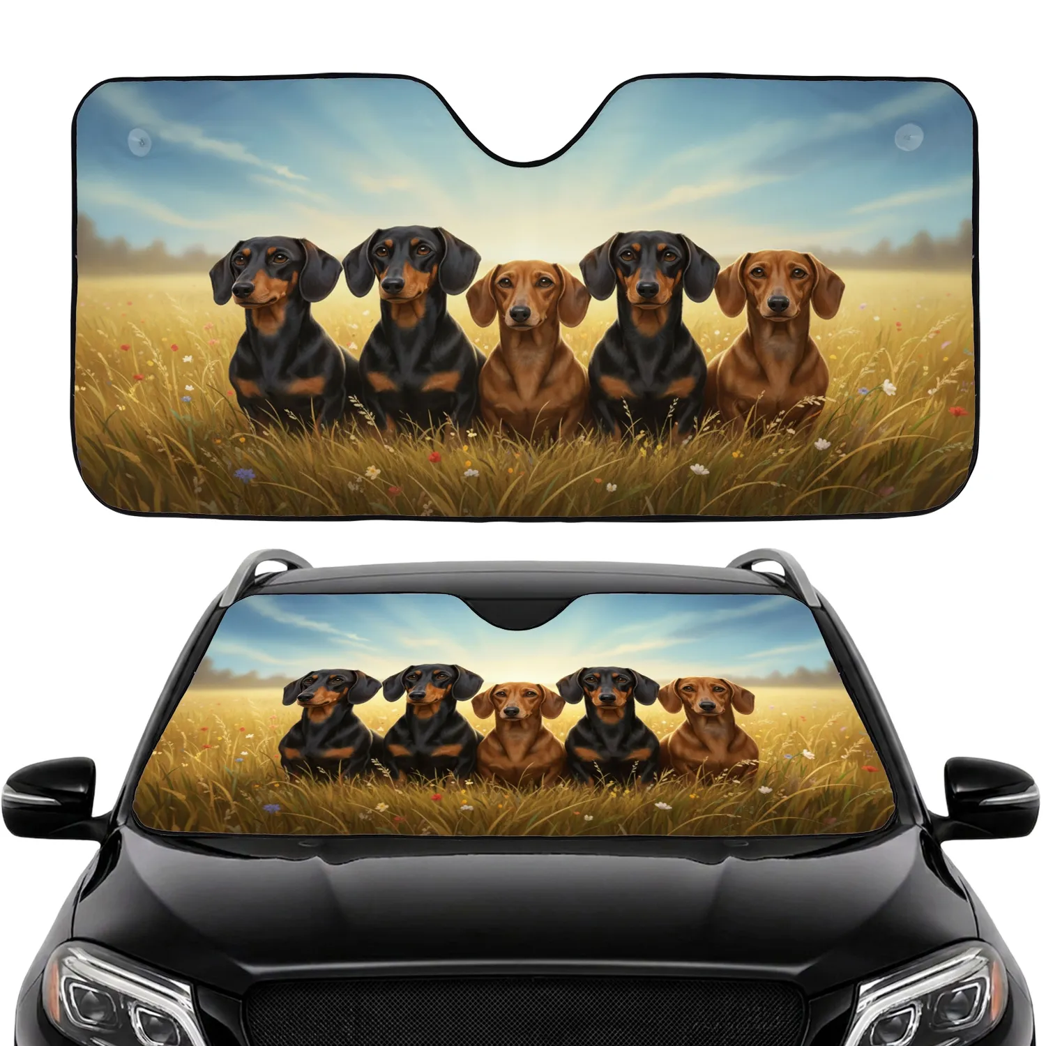 Dachshunds Wildflower Field Golden Light - Dog Lover Car Decor Gift Car Sunshade - 1