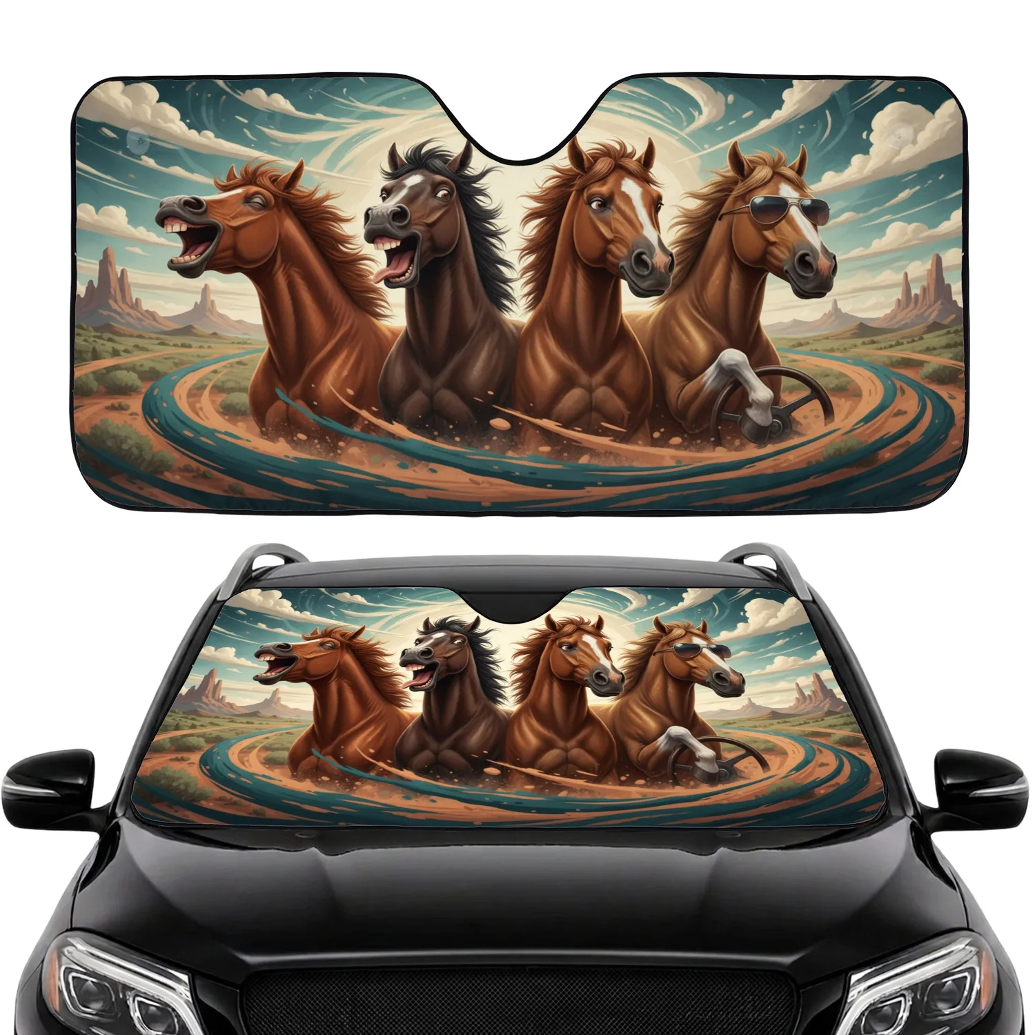 Four Horses with Sunglasses & Steering Wheel - Road Trip Adventure Gift Car Sunshade - 1