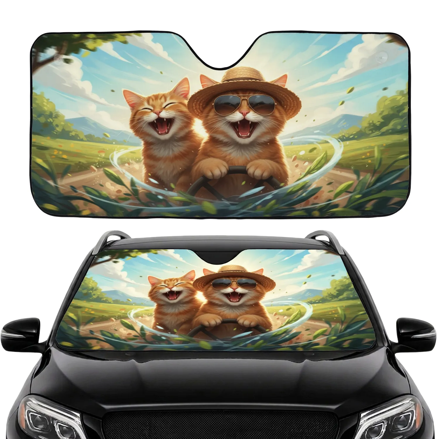 Ginger Cats Straw Hat Sunglasses Road Trip Adventure for Cat Lovers Car Sunshade - 1