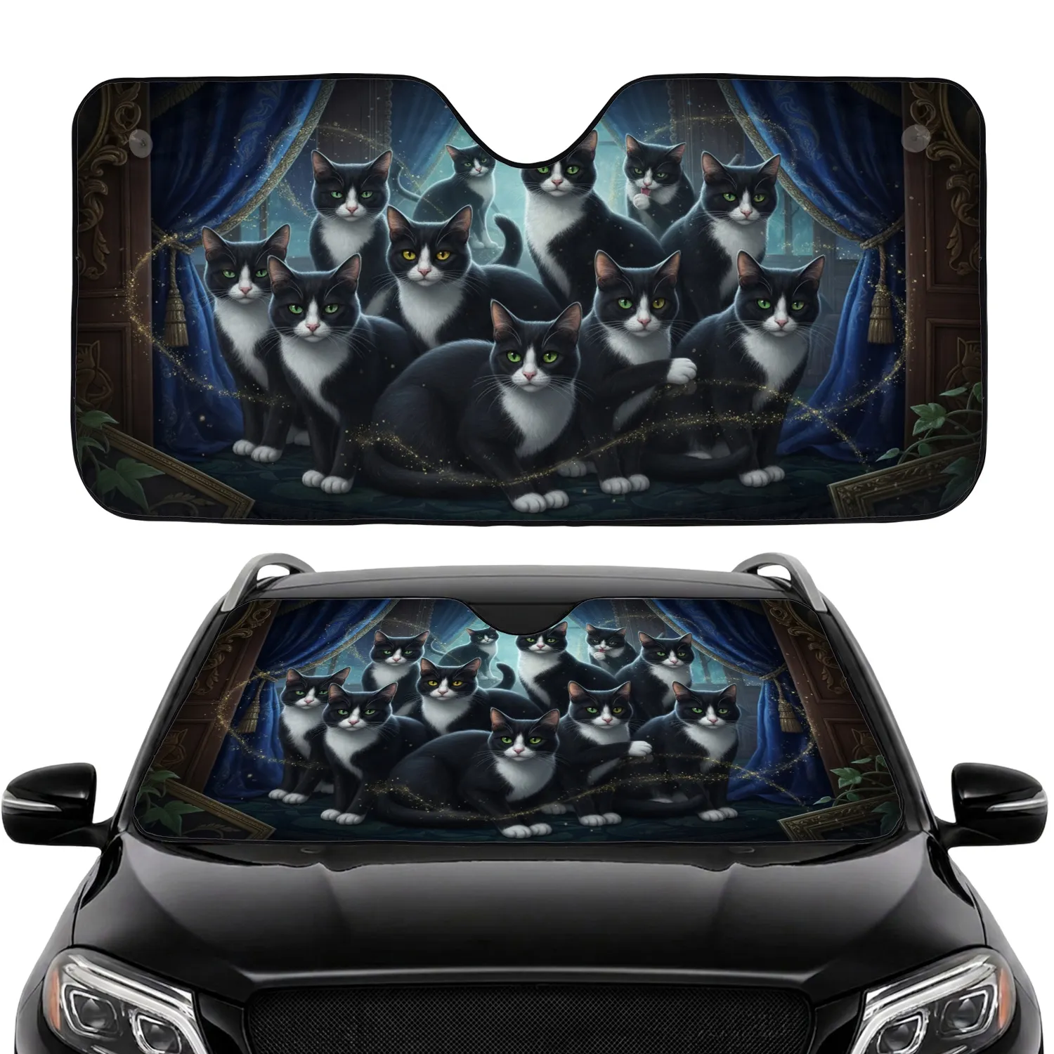 Tuxedo Cats Velvet Drapes Golden Accents - Cat Lover Gift Car Sunshade - 1
