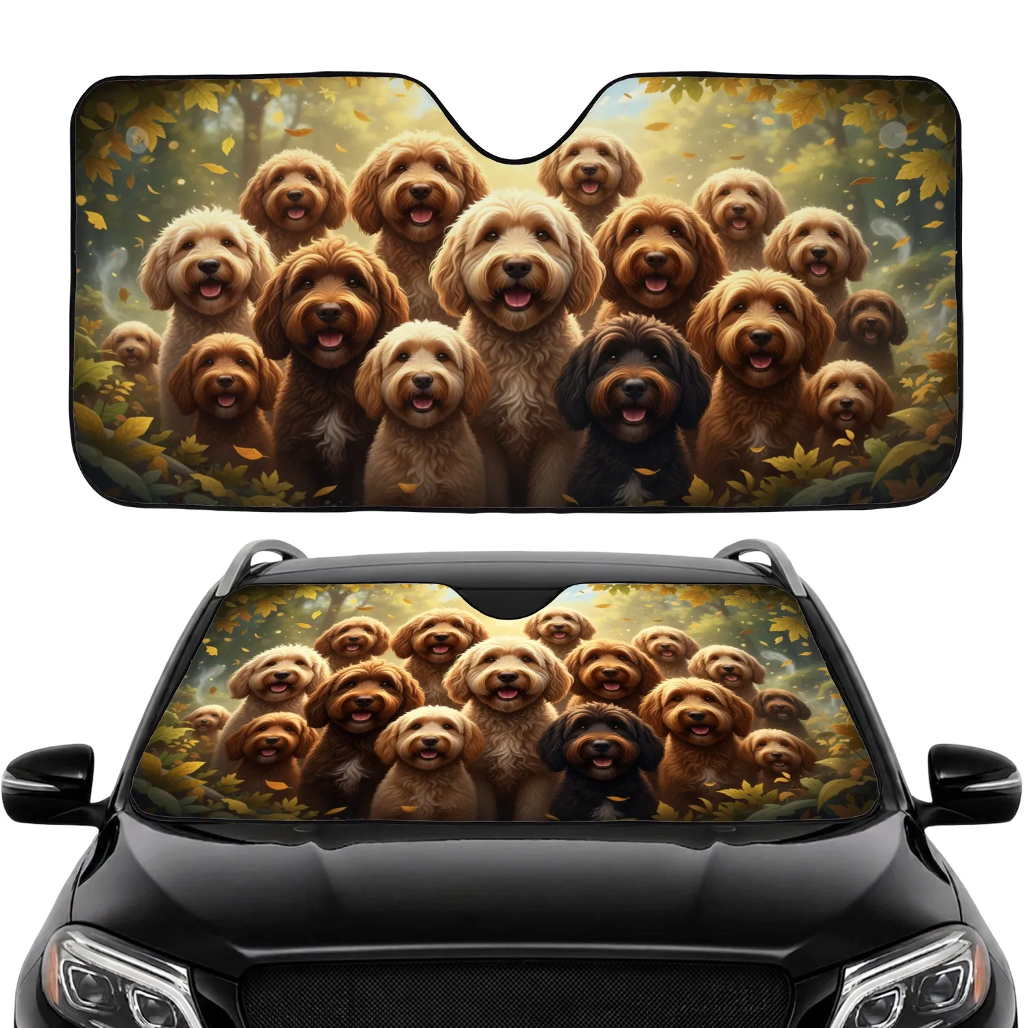 Happy Diverse Goldendoodle Labradoodle Dogs Natural Landscape - Pet Lover Auto Decor Car Sunshade - 1