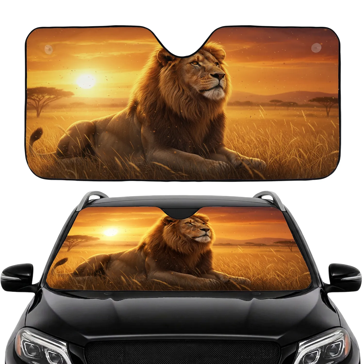 Majestic Lion Golden Savanna Sunset High Contrast - Wildlife Lover Gift Car Sunshade - 1