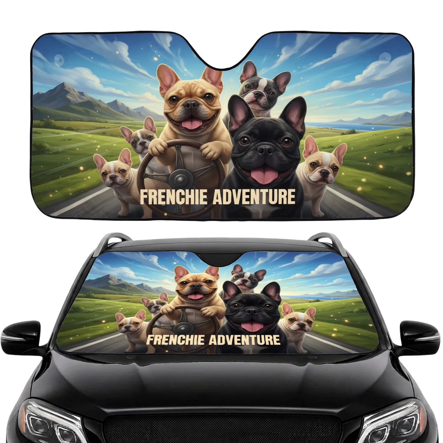 Diverse French Bulldogs Driving Scenic Road Trip - Everyday Travel Companion Car Sunshade - 1