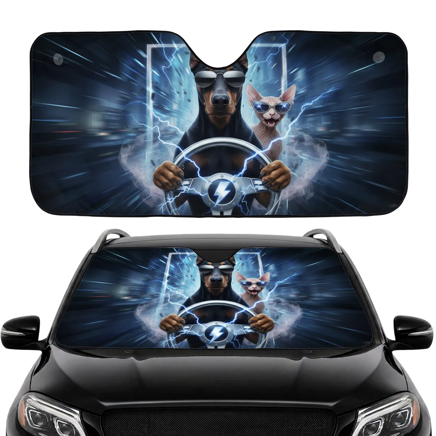Doberman Sphynx Cat Steering Wheel Lightning - Adventure Lover Travel Essentials Car Sunshade - 1
